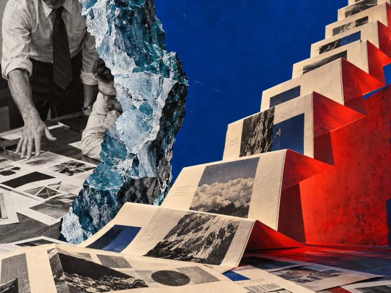 Collage: people in a mid-century office sorting printed photographs on a table, the prints folding up into a staircase of pages against a blue and red sky
