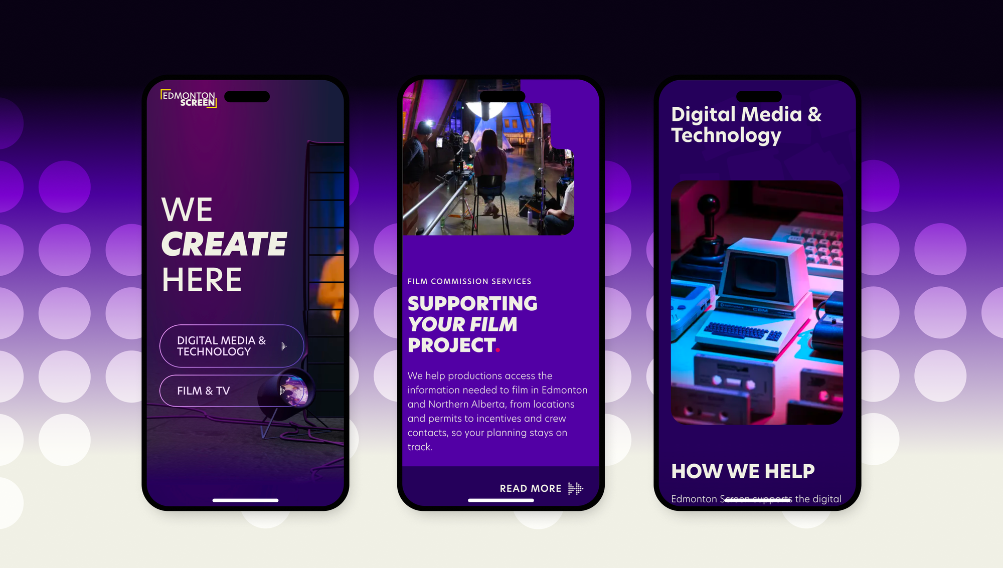 Three Edmonton Screen pages on phones: the homepage, film support and digital media
