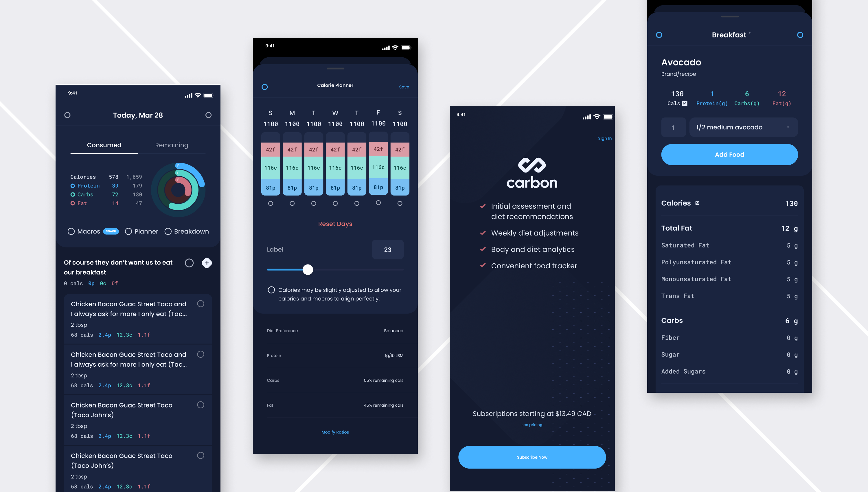 Carbon app screens: daily targets, check-ins and food logging