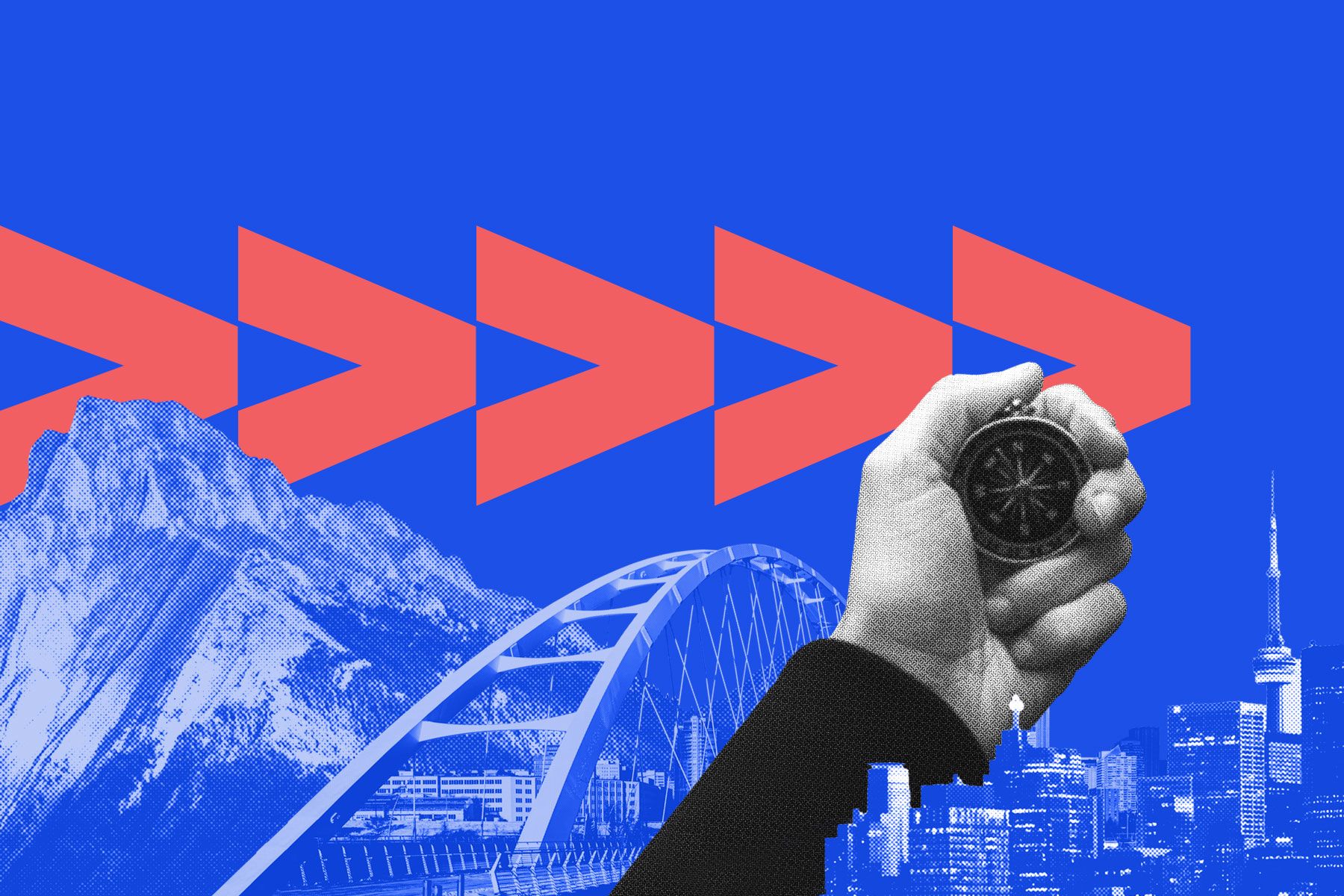 A hand holding a compass in front of a mountain, a bridge and a city skyline, with red arrows pointing right on a blue background.