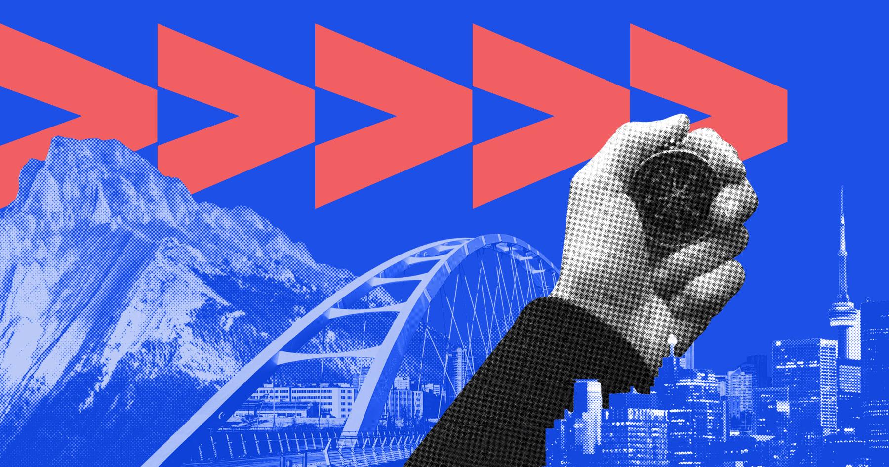 A hand holding a compass in front of a mountain, a bridge and a city skyline, with red arrows pointing right on a blue background.