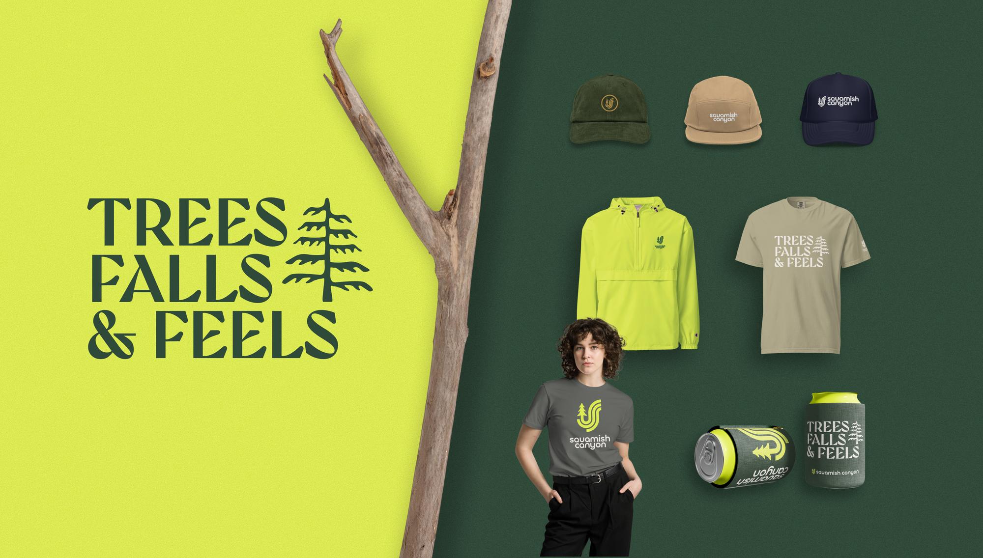 Trees, Falls & Feels merchandise: hats, a jacket, a T-shirt and a drink can