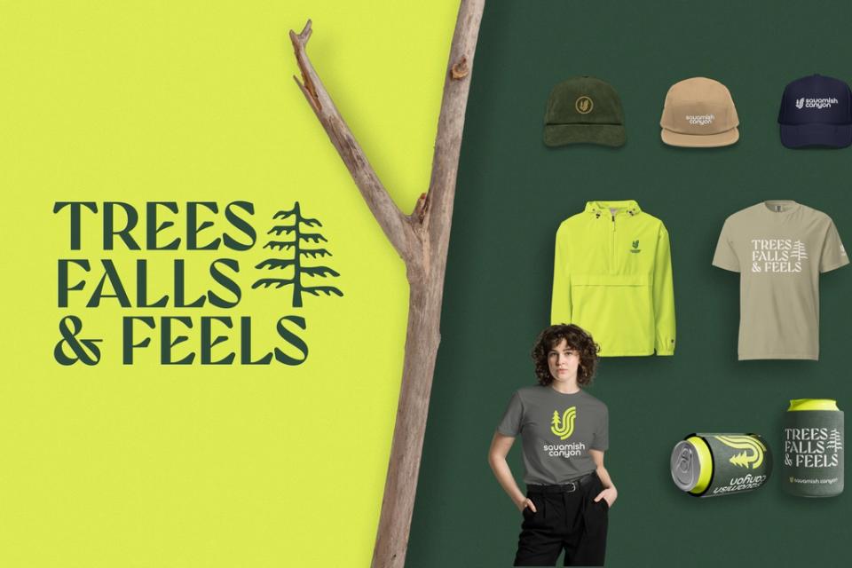 Trees, Falls & Feels merchandise: hats, a jacket, a T-shirt and a drink can