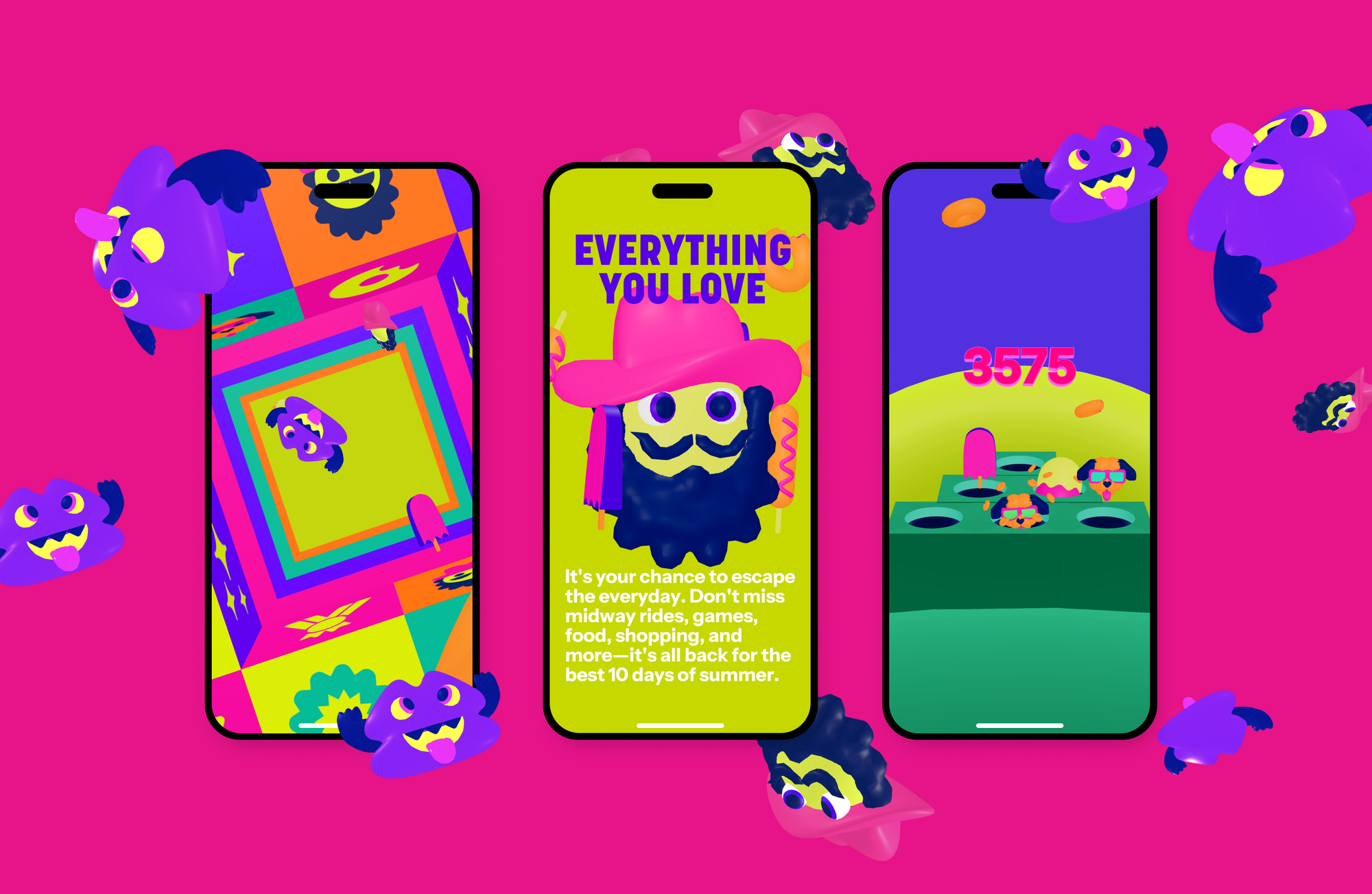 K-Days pages on three phones, surrounded by purple characters