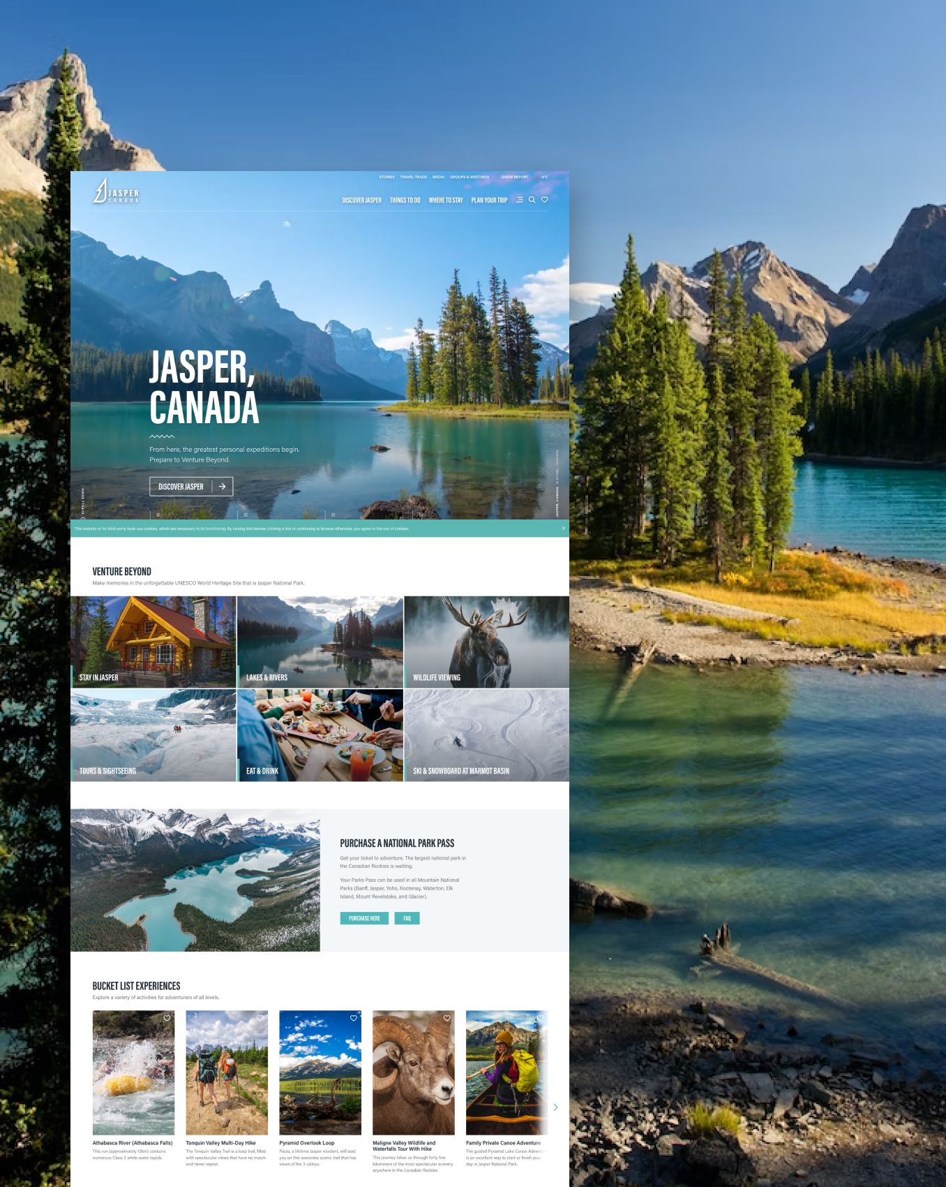 The Tourism Jasper homepage over a photo of a mountain lake