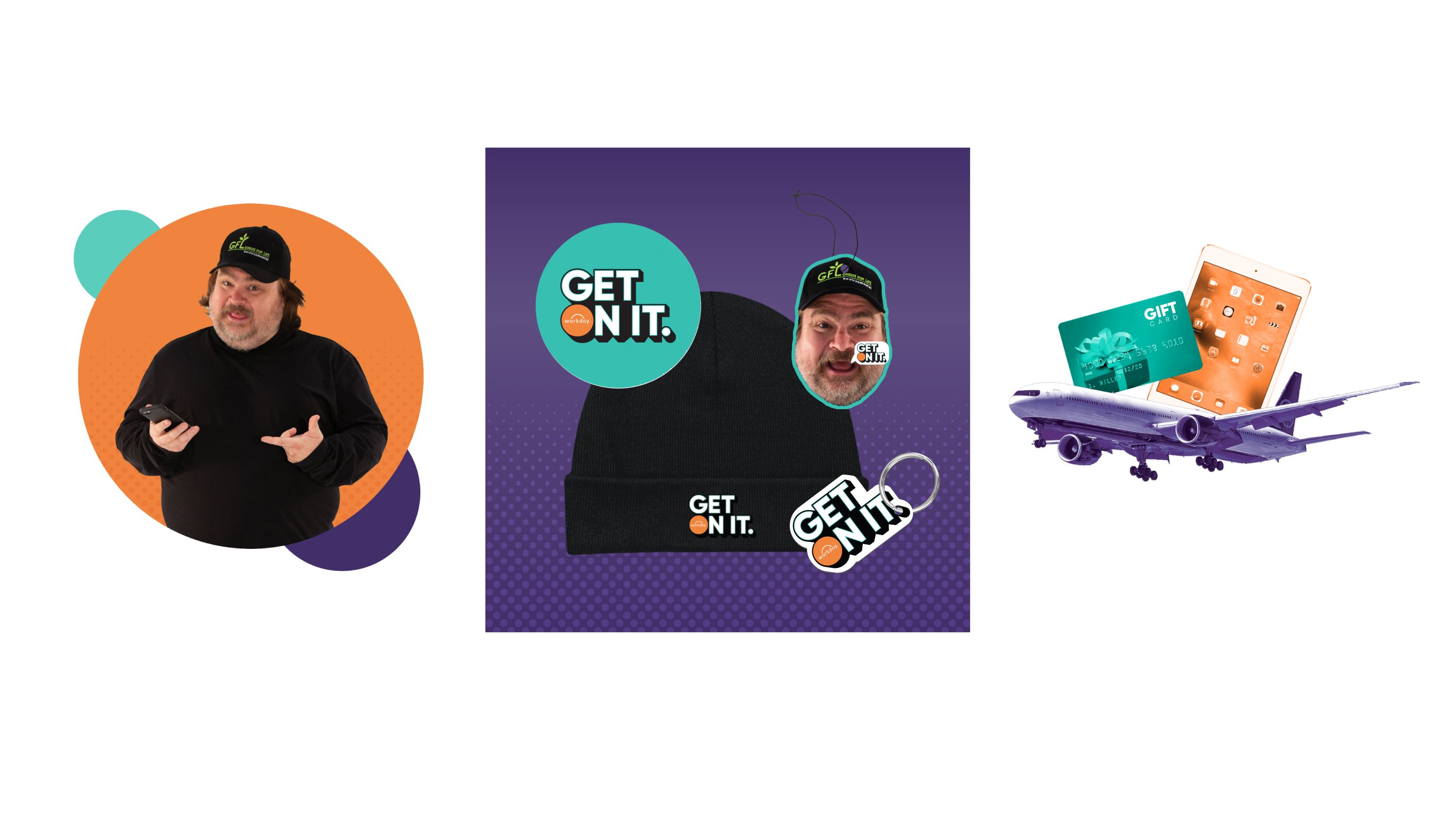 Get On It contest pieces: a GFL driver, a branded toque and stickers, and a prize trip