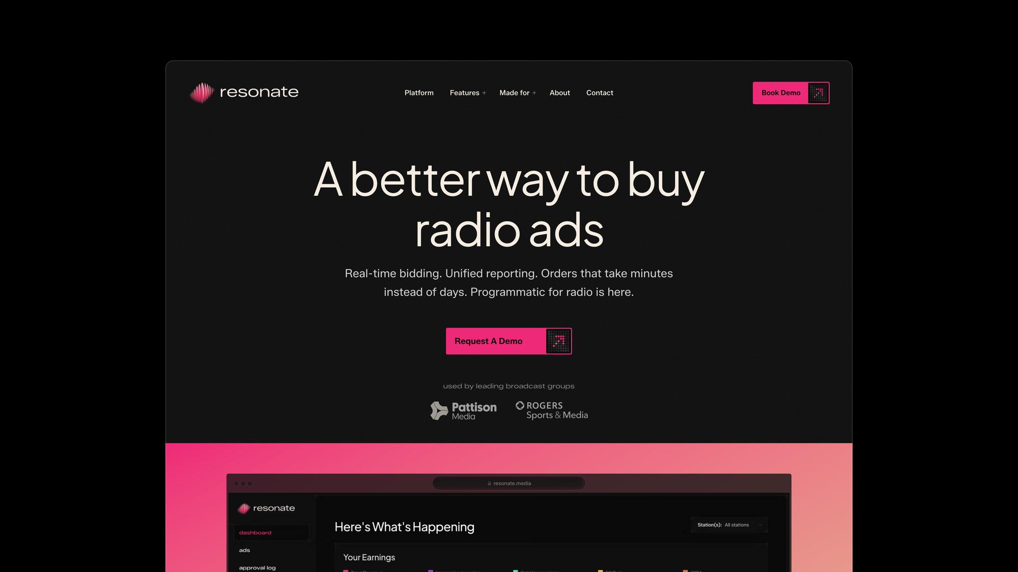 The resonate.media homepage, “A better way to buy radio ads”, above the broadcaster dashboard