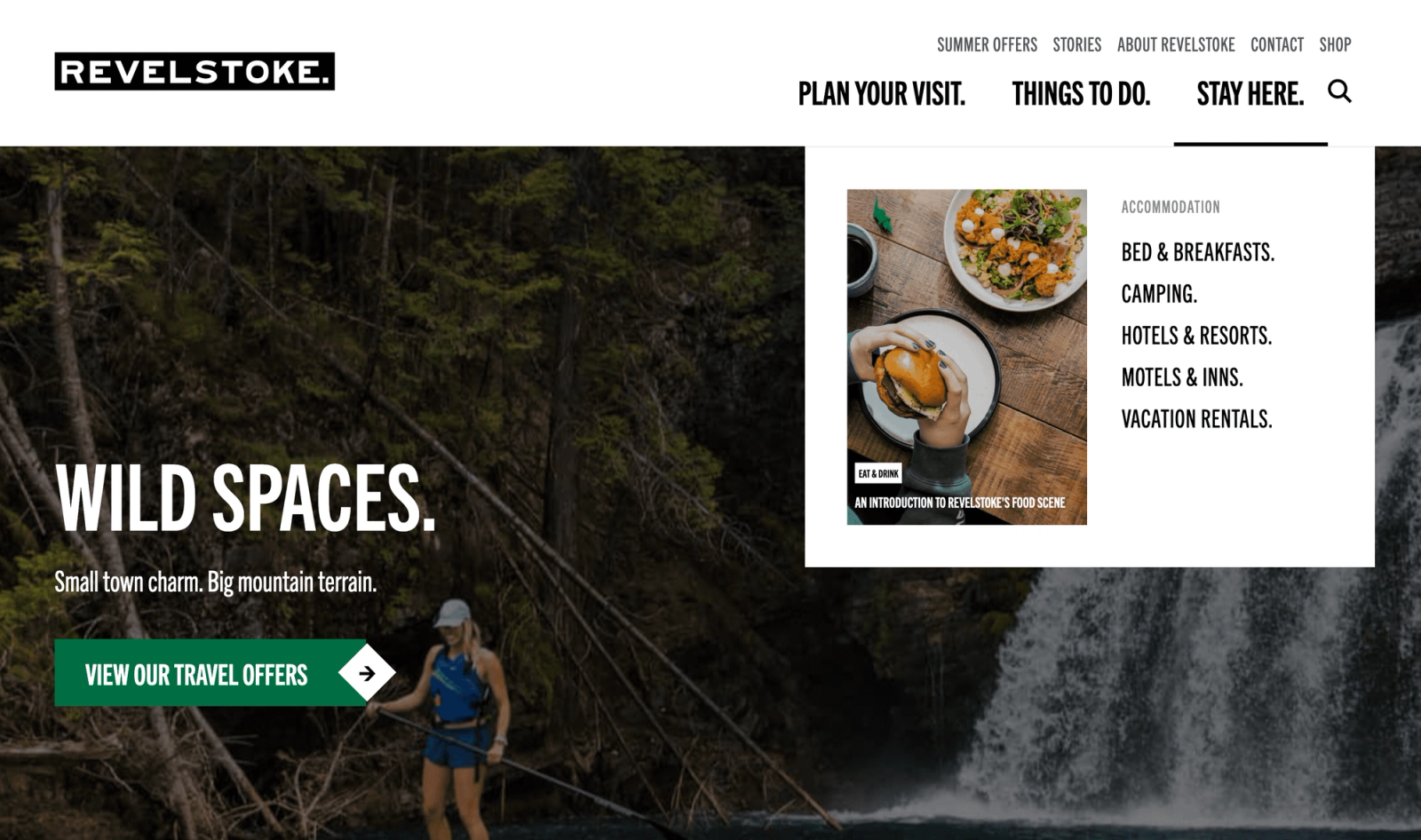 The Tourism Revelstoke website with its Stay Here menu open, listing types of accommodation.