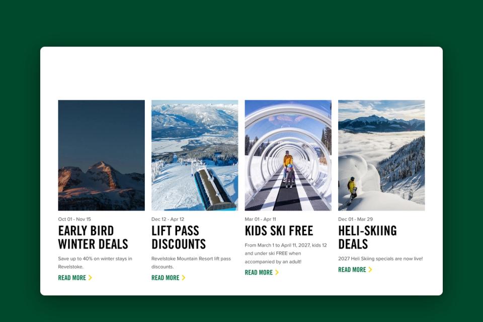 The travel offers page: early bird winter deals, lift pass discounts, Kids Ski Free and heli-skiing deals