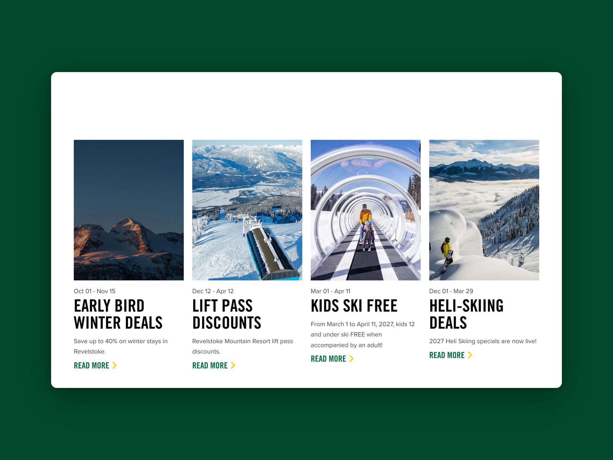 The travel offers page: early bird winter deals, lift pass discounts, Kids Ski Free and heli-skiing deals