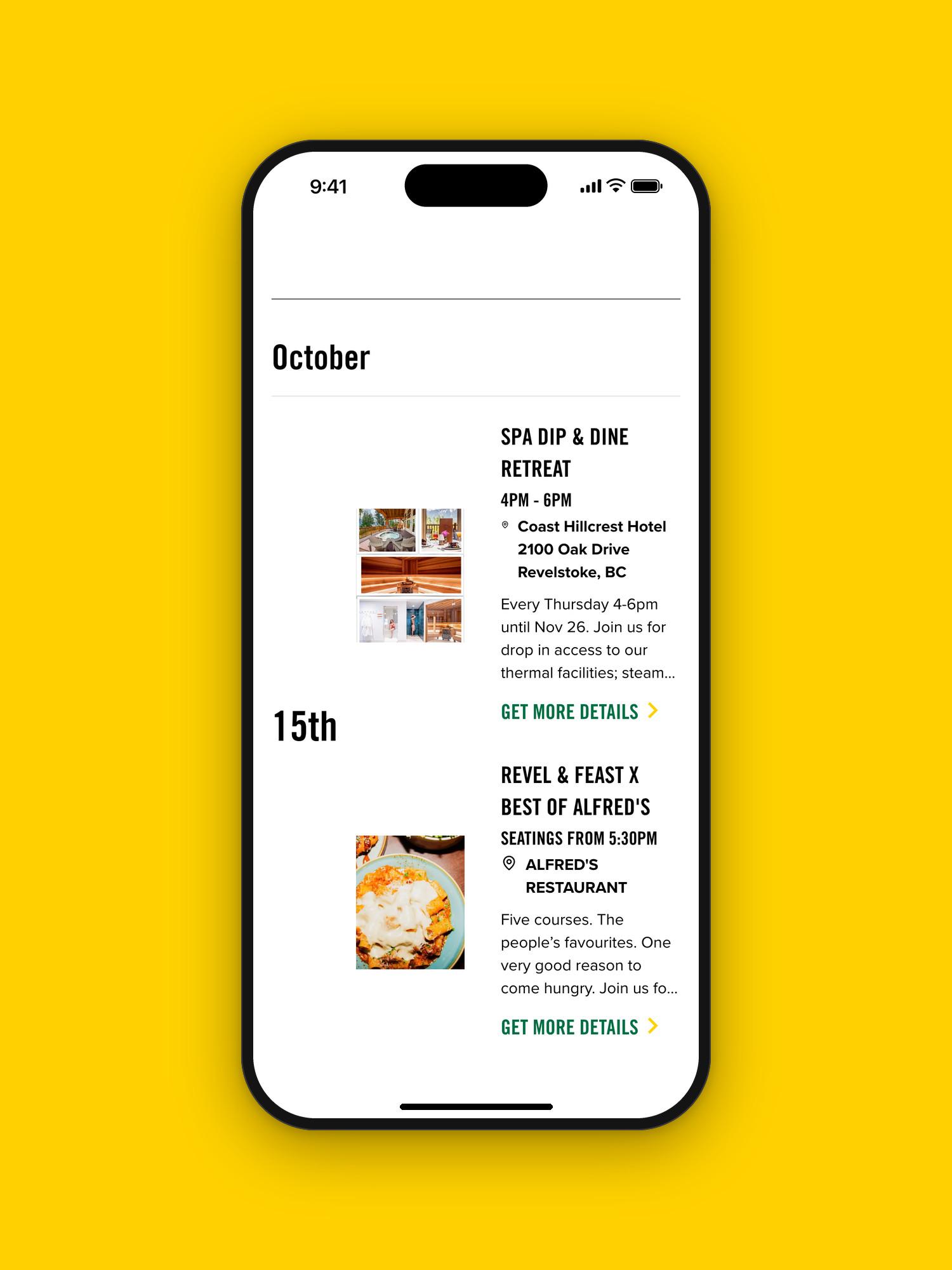 The events calendar on a phone