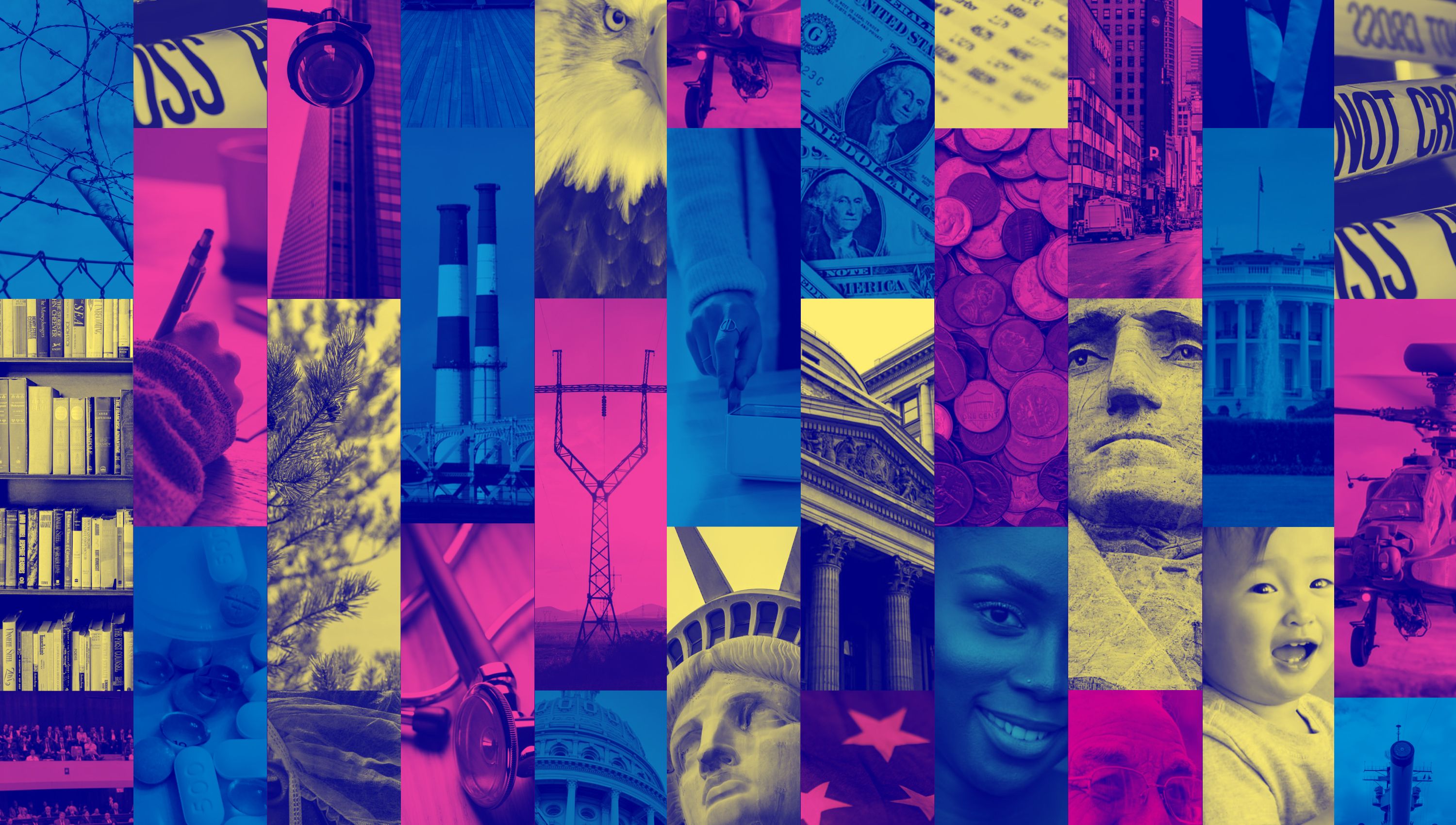 A collage of American scenes in USAFacts magenta, blue and yellow