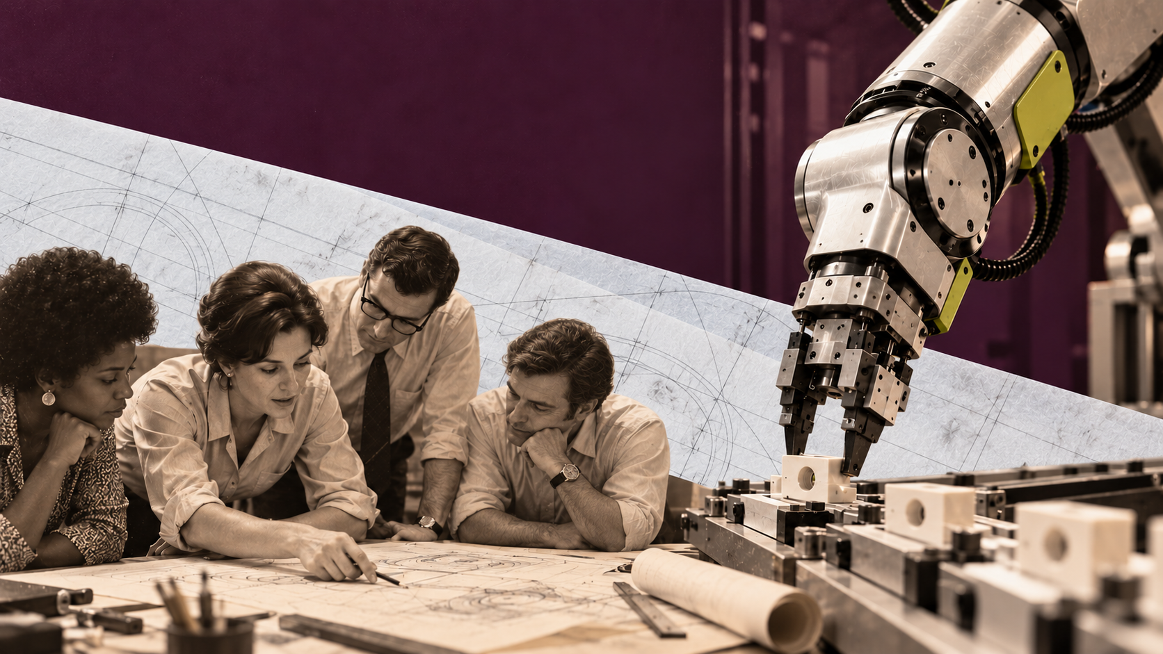 Collage: a 1960s design team bent over drawings at a table, beside an industrial robot arm working a production line