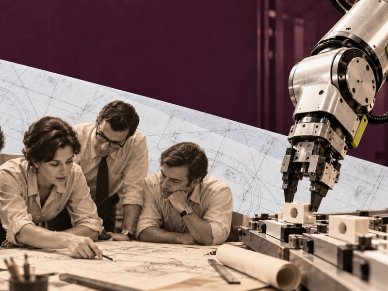 Collage: a 1960s design team bent over drawings at a table, beside an industrial robot arm working a production line