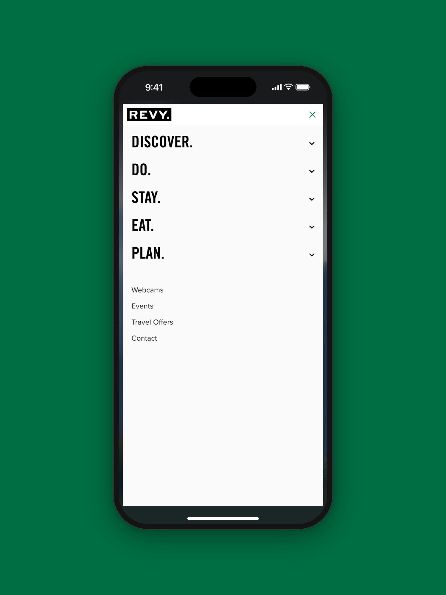 The phone menu: Discover, Do, Stay, Eat and Plan