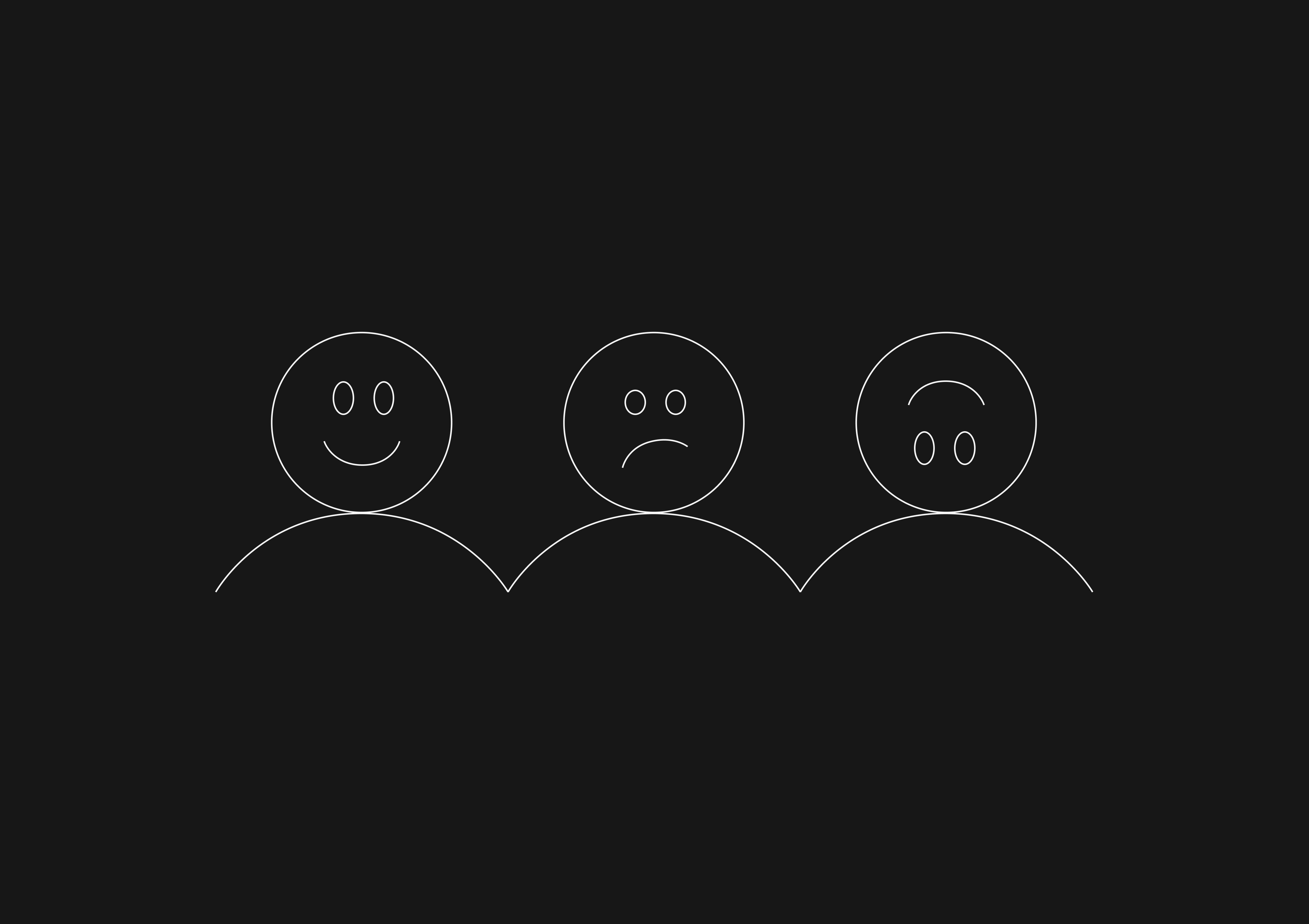 Three line-drawn figures on a dark background, one smiling, one frowning and one with an upside-down face.