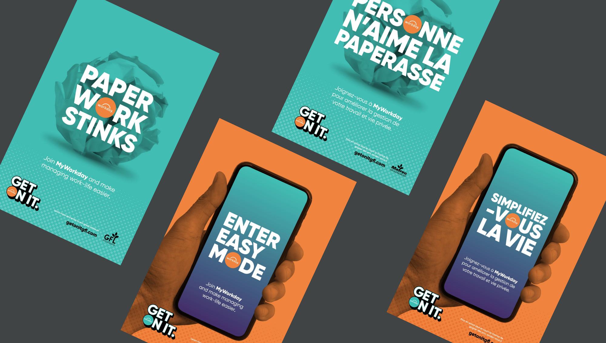Get On It posters in English and French, with phones reading Enter Easy Mode