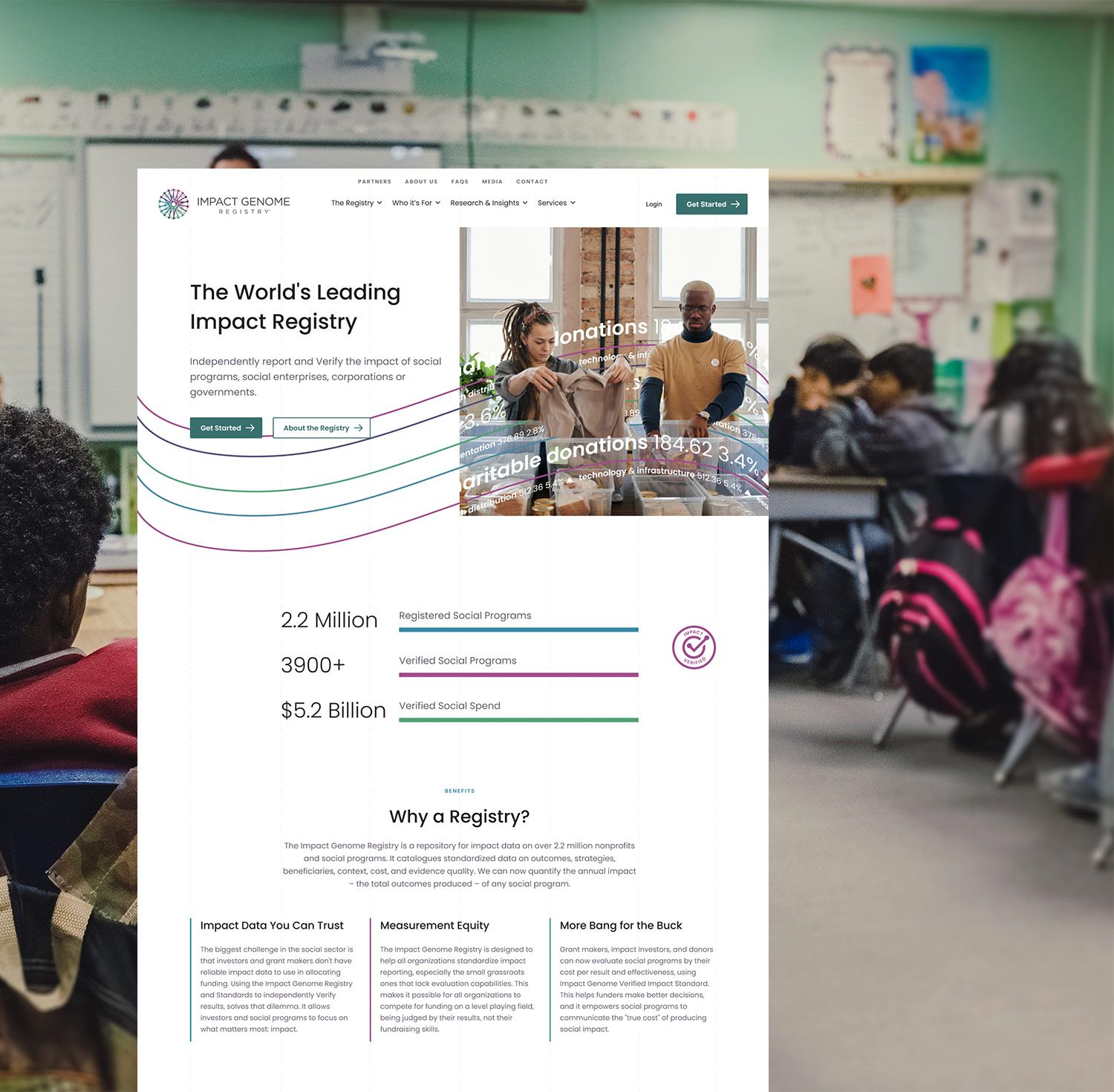 The Impact Genome Registry homepage over a photo of a classroom