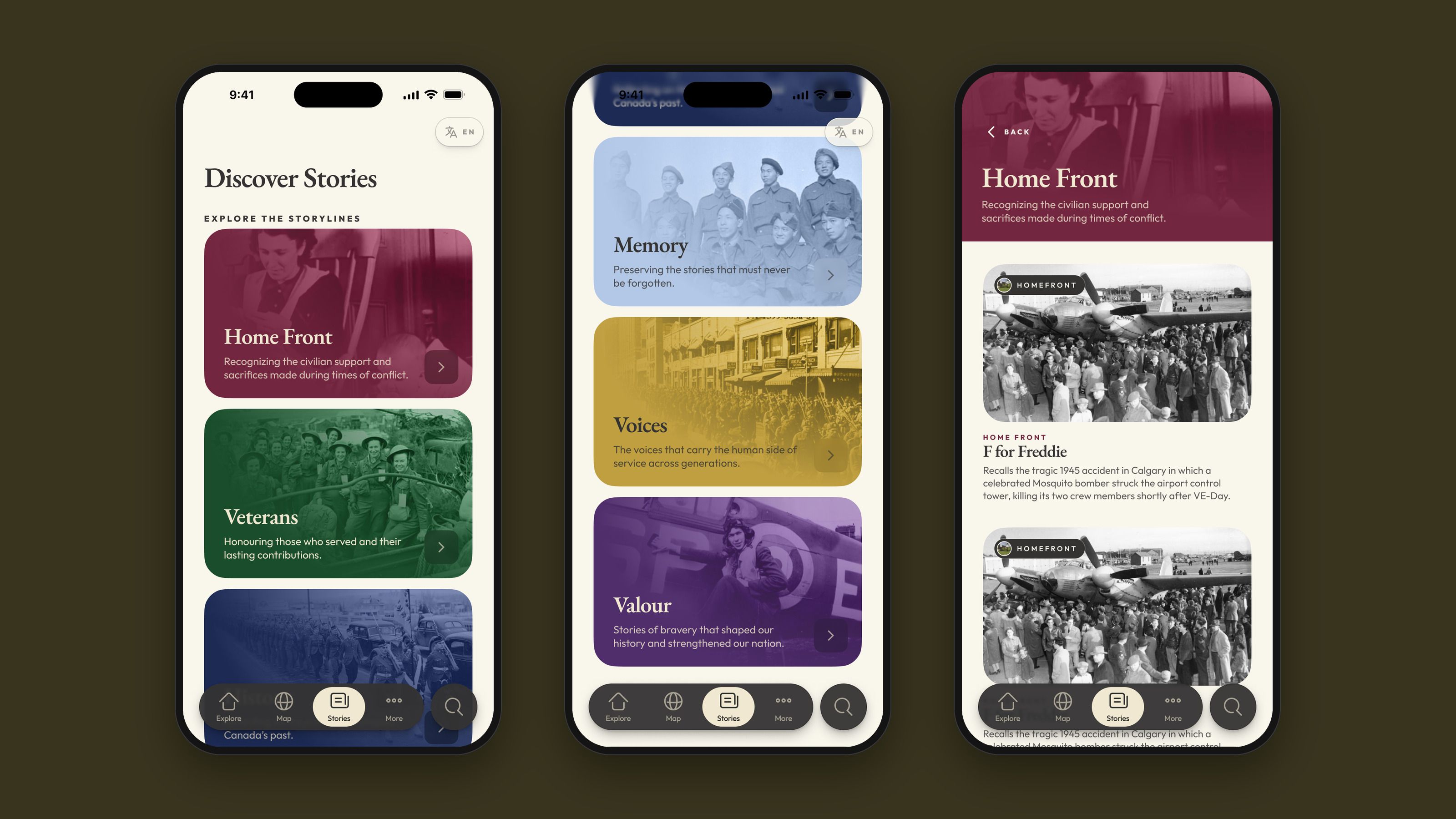 The Discover screens with the six storylines, and the Home Front storyline’s stories