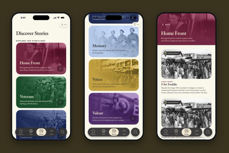 The Discover screens with the six storylines, and the Home Front storyline’s stories