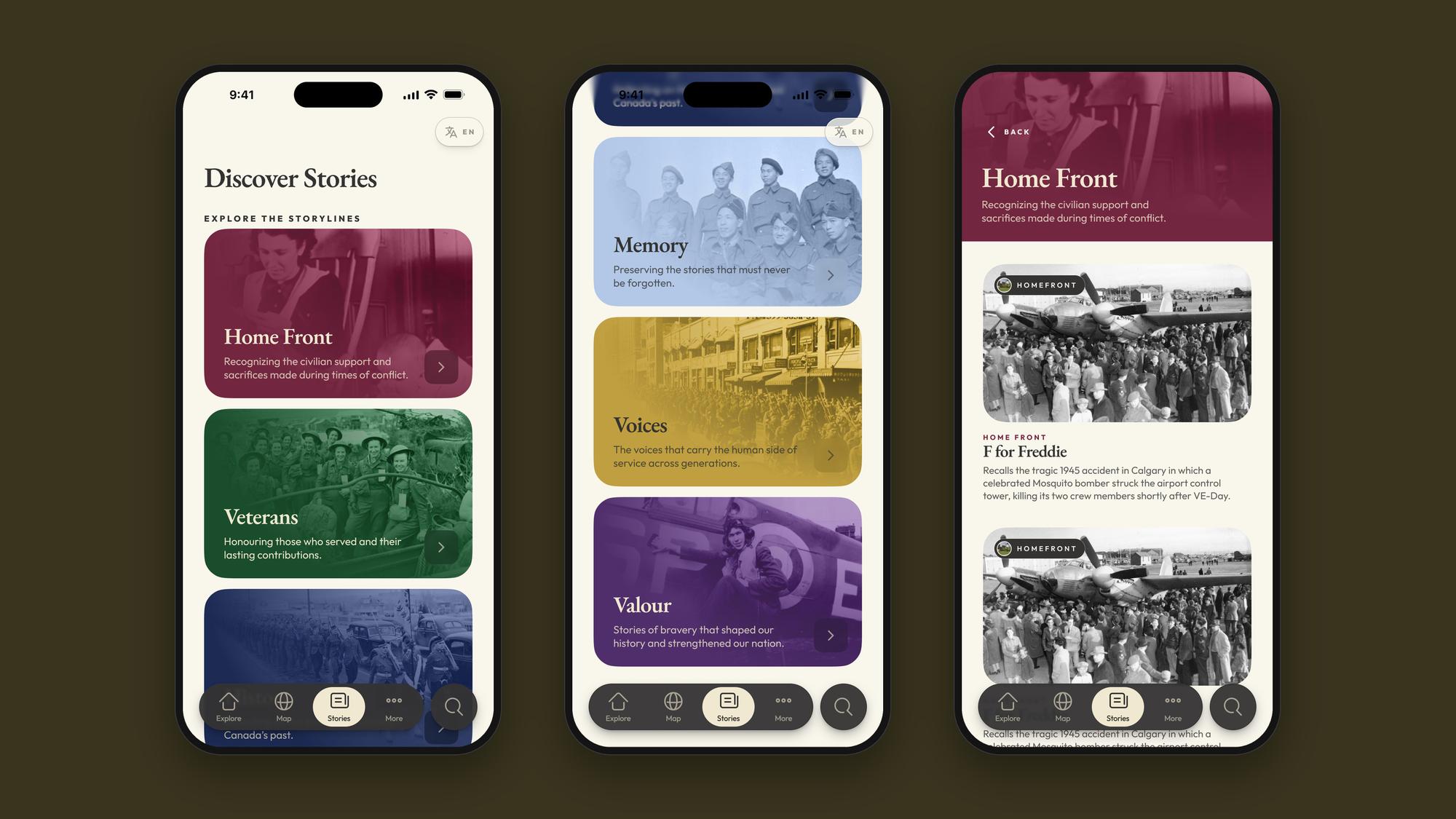 The Discover screens with the six storylines, and the Home Front storyline’s stories