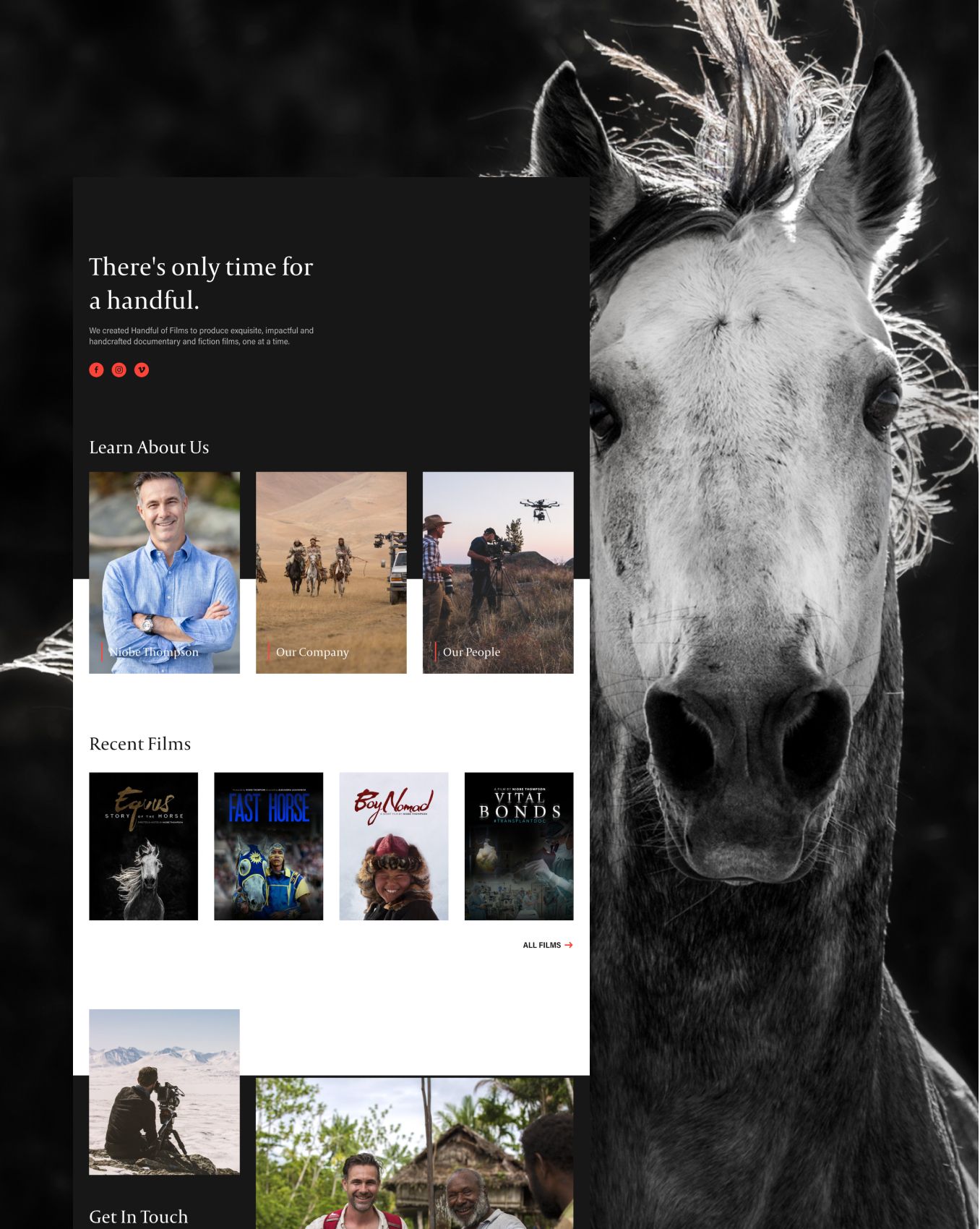 The Handful of Films homepage beside a black and white photo of a horse