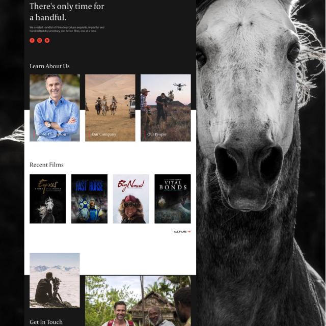 The Handful of Films homepage beside a black and white photo of a horse