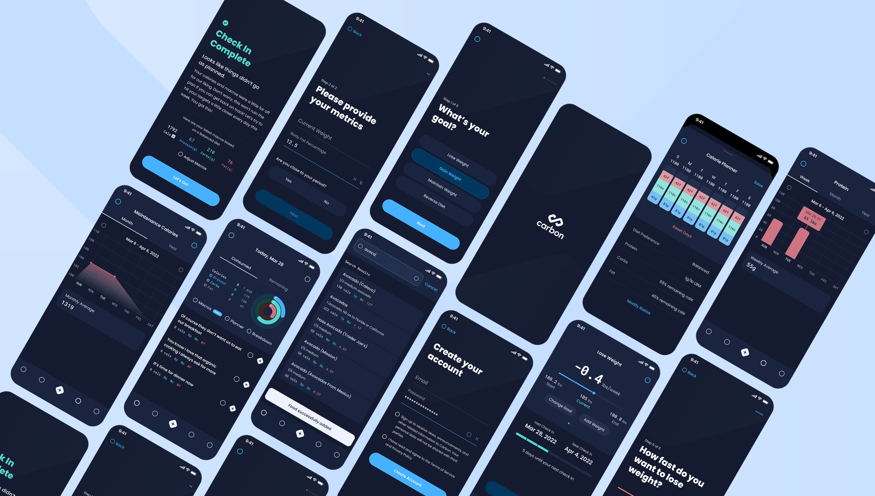 Dozens of Carbon app screens laid out at an angle