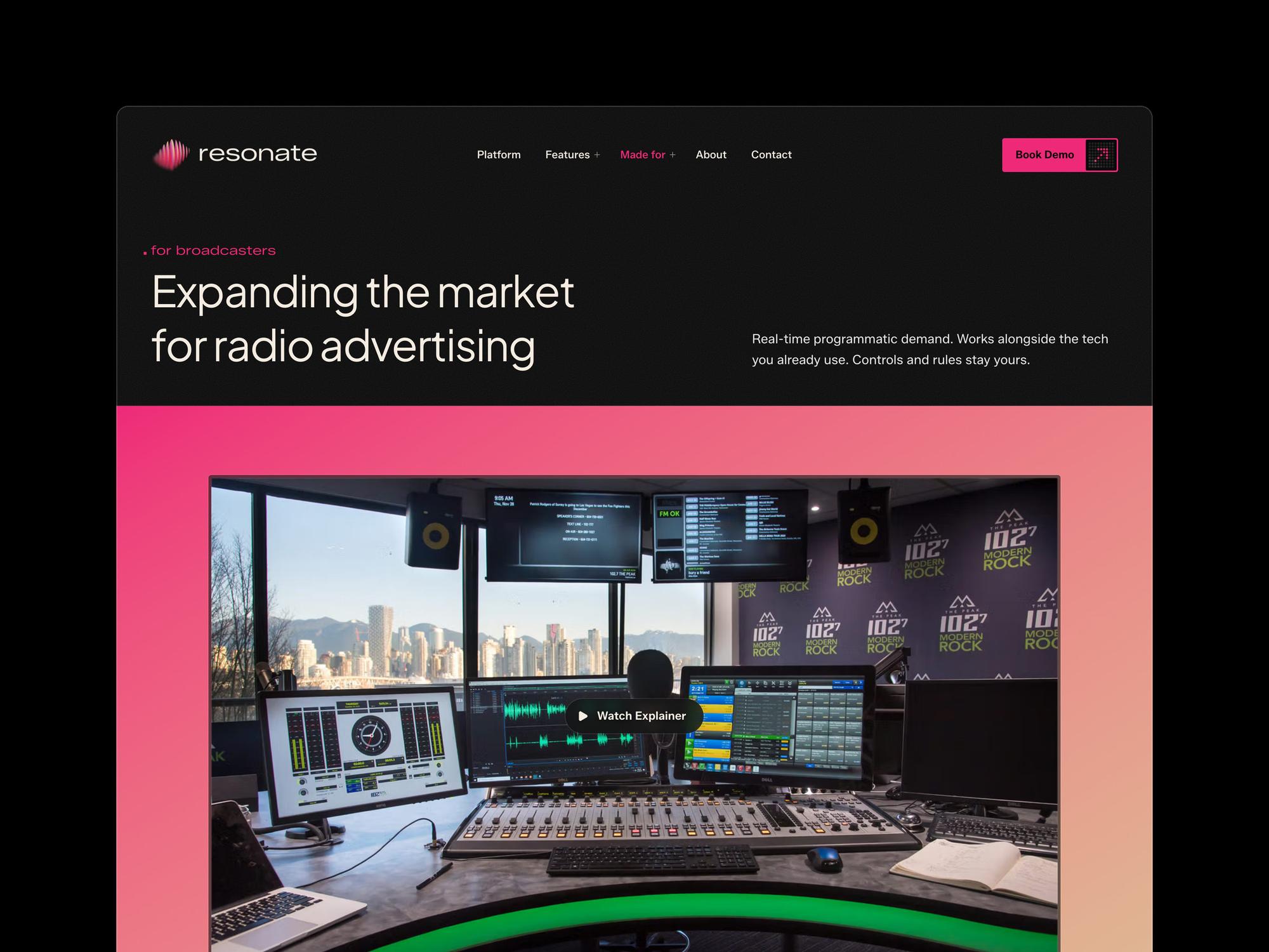 The For Broadcasters page, “Expanding the market for radio advertising”, over a radio studio