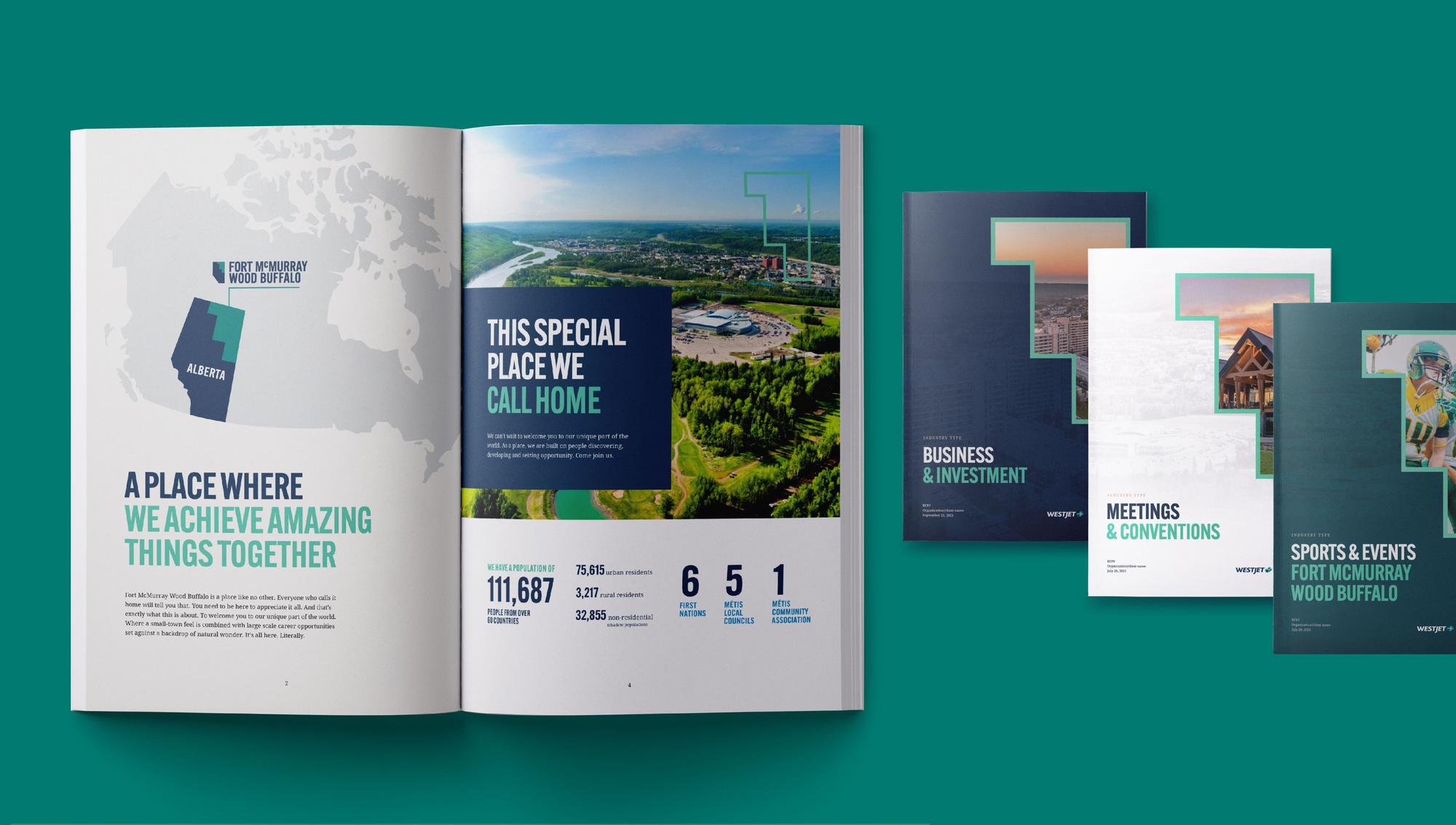 Fort McMurray Wood Buffalo marketing books, open to A place where we achieve amazing things together