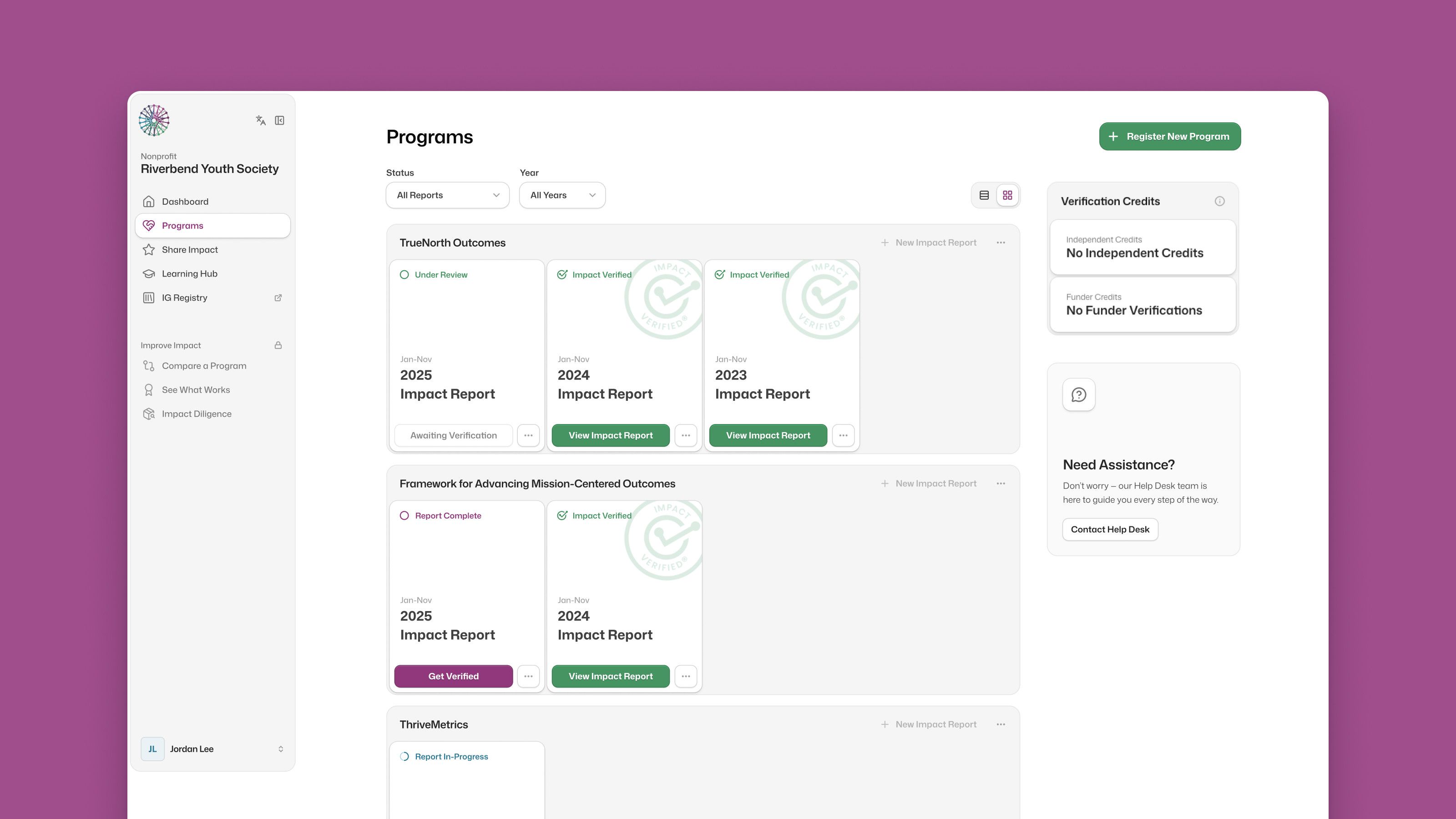 The Impact Genome platform’s Programs dashboard, with each program’s impact reports from in progress to Impact Verified