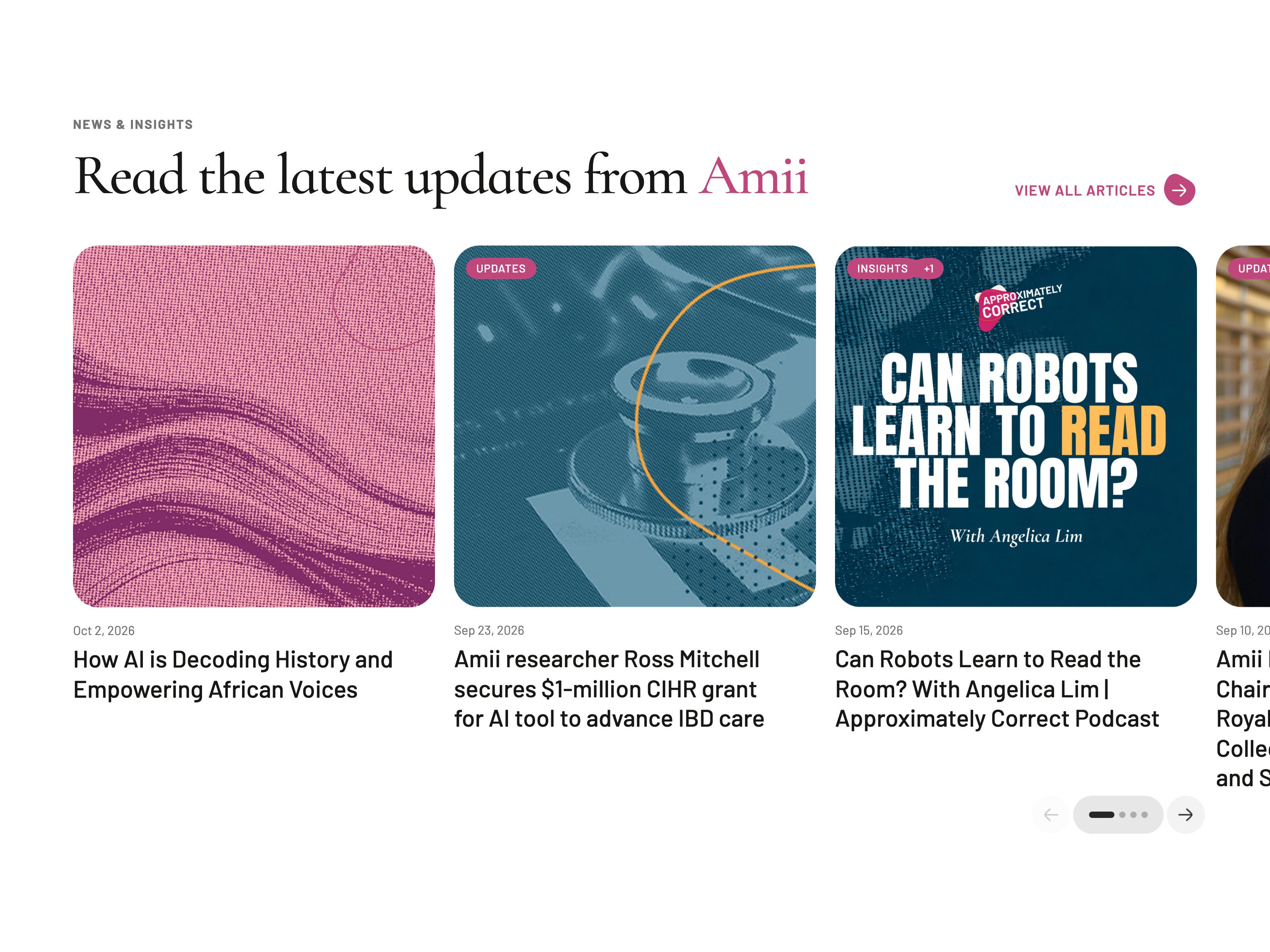 News and insights cards on amii.ca, their images in halftone and duotone