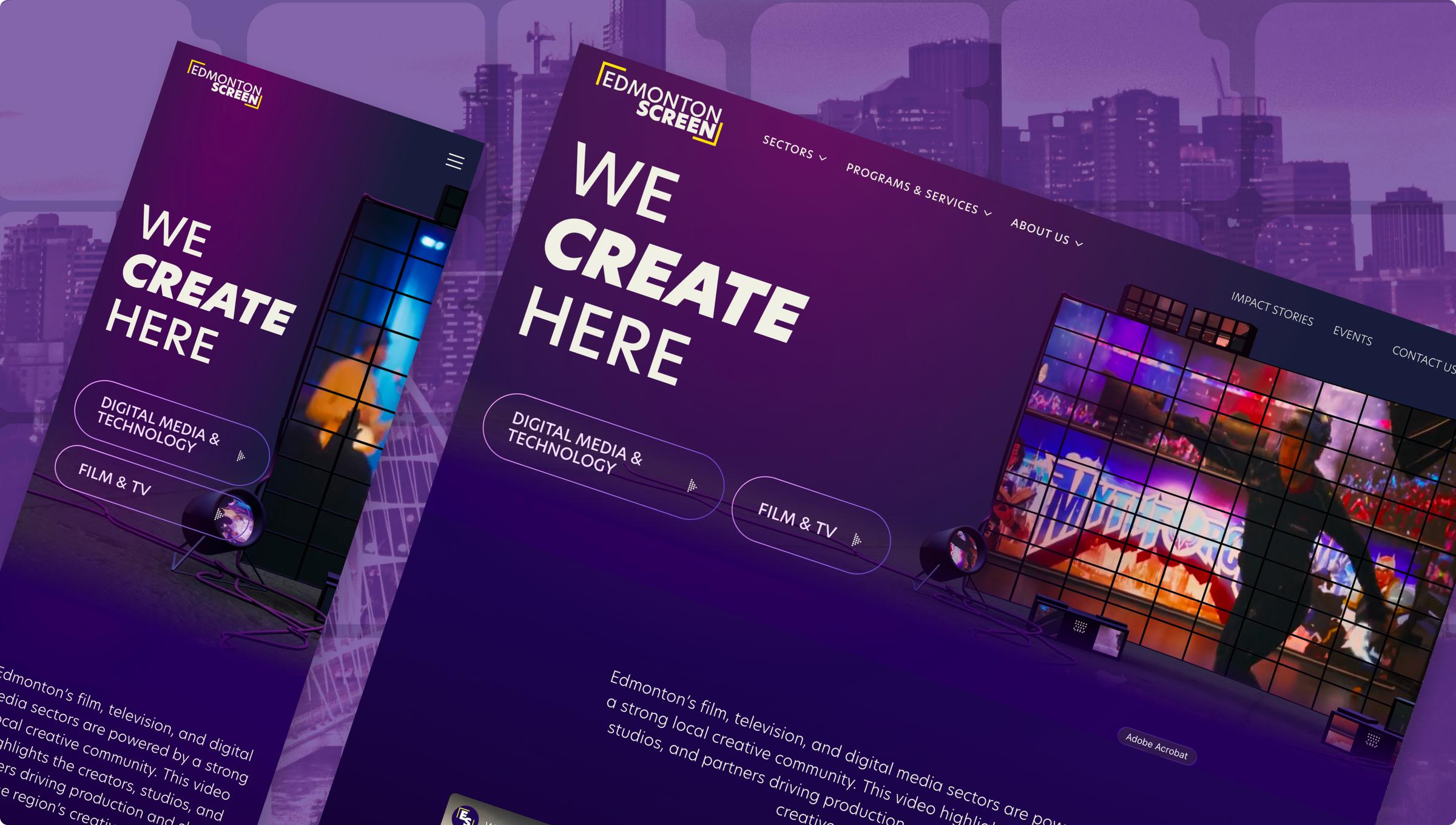 The Edmonton Screen homepage hero, We Create Here, over a purple city scene