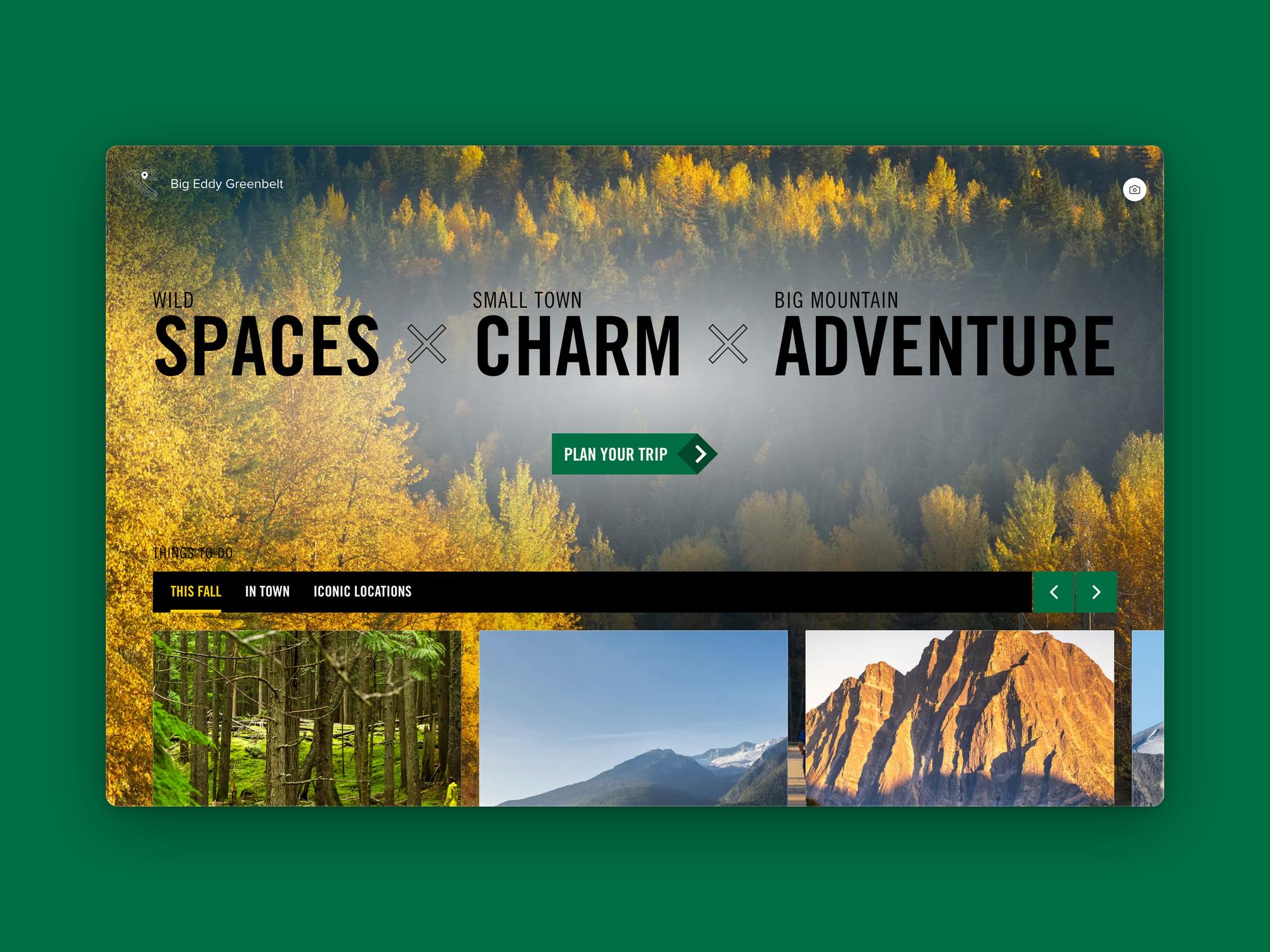 Wild spaces, small town charm, big mountain adventure: the home page’s tagline over fall colours, above the things-to-do tabs