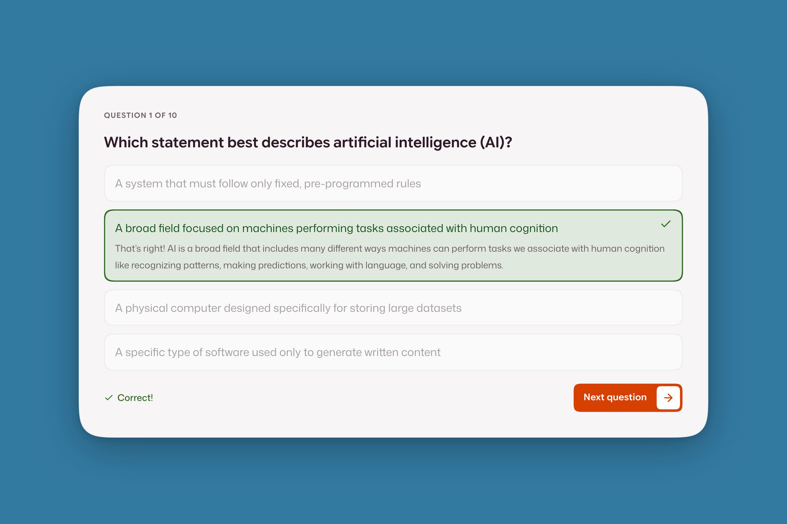 The end-of-chapter quiz, with a correct answer chosen