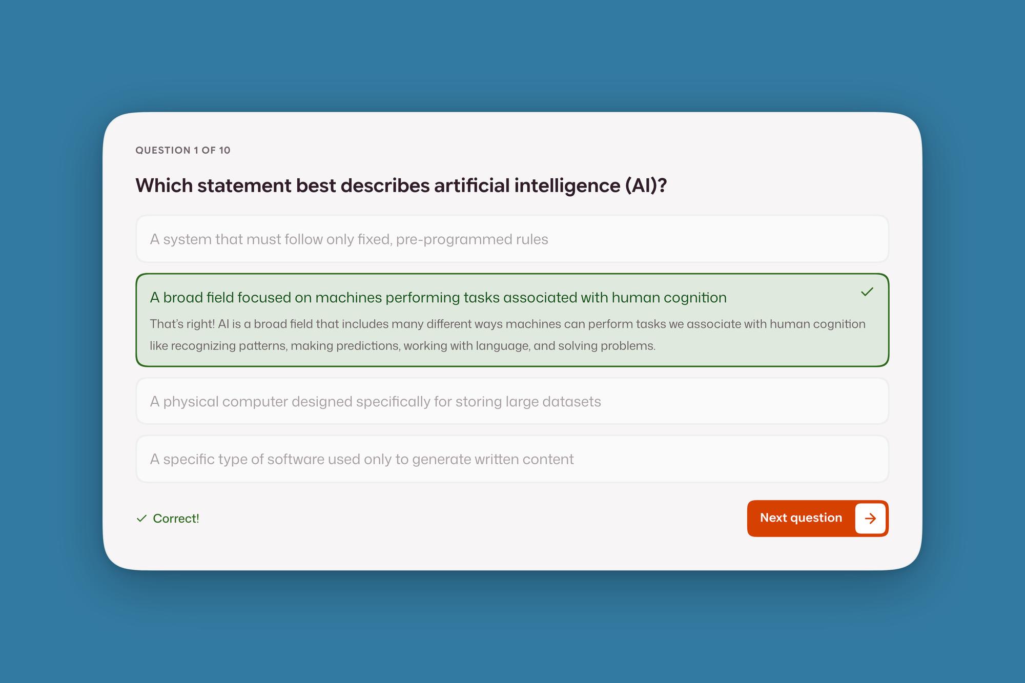 The end-of-chapter quiz, with a correct answer chosen