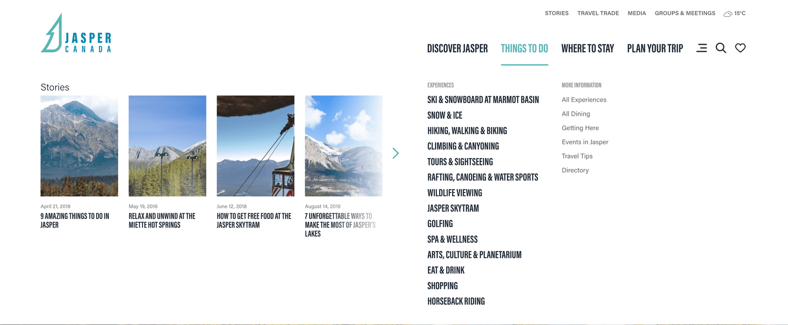 The Jasper Canada website with its Things to Do menu open beside a row of story cards.