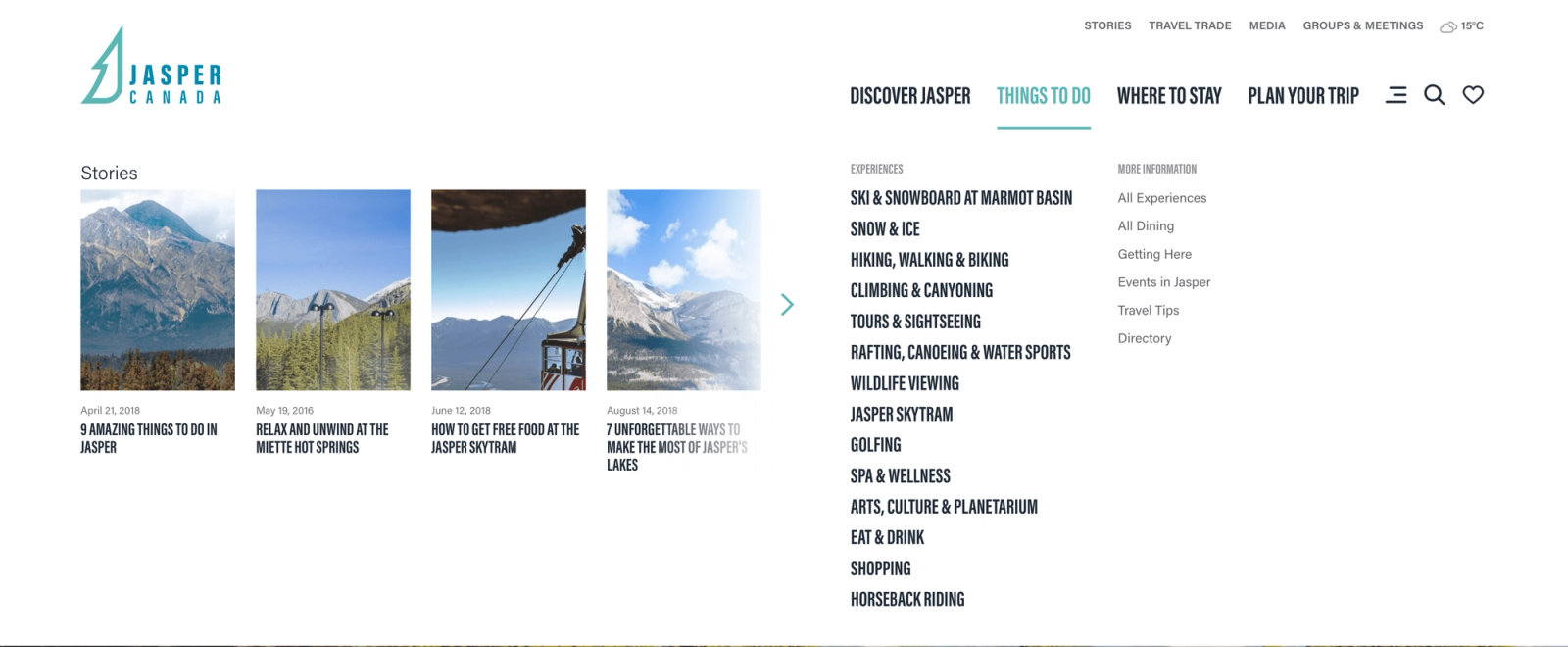 The Jasper Canada website with its Things to Do menu open beside a row of story cards.