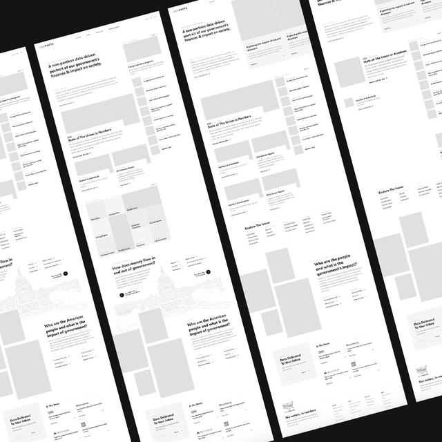 Wireframes for the USAFacts redesign, laid out at an angle