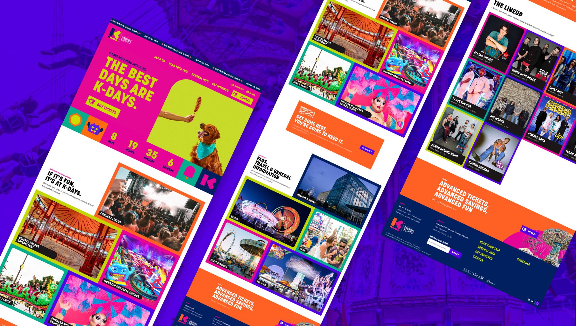 K-Days website pages laid out at an angle on purple