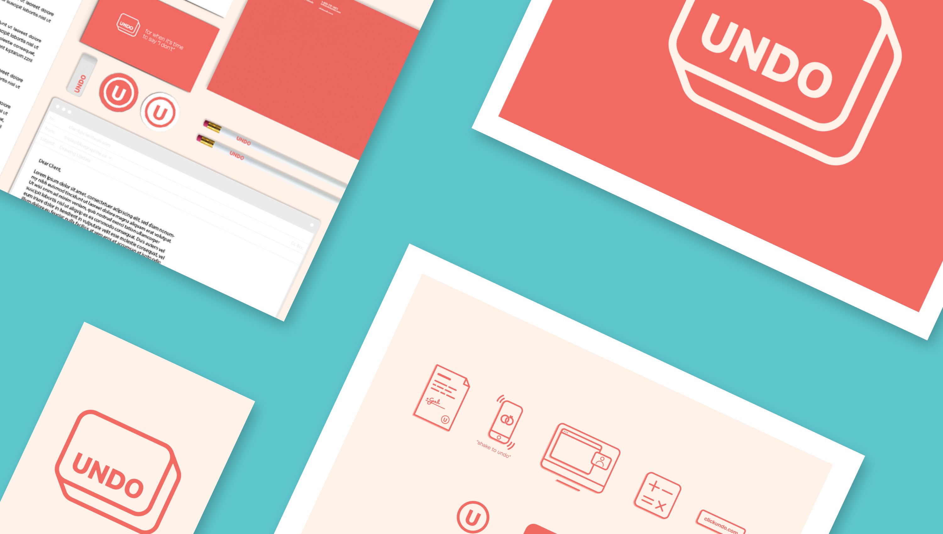 Undo brand pieces: the logo as a keyboard key, icons and a business card, on teal