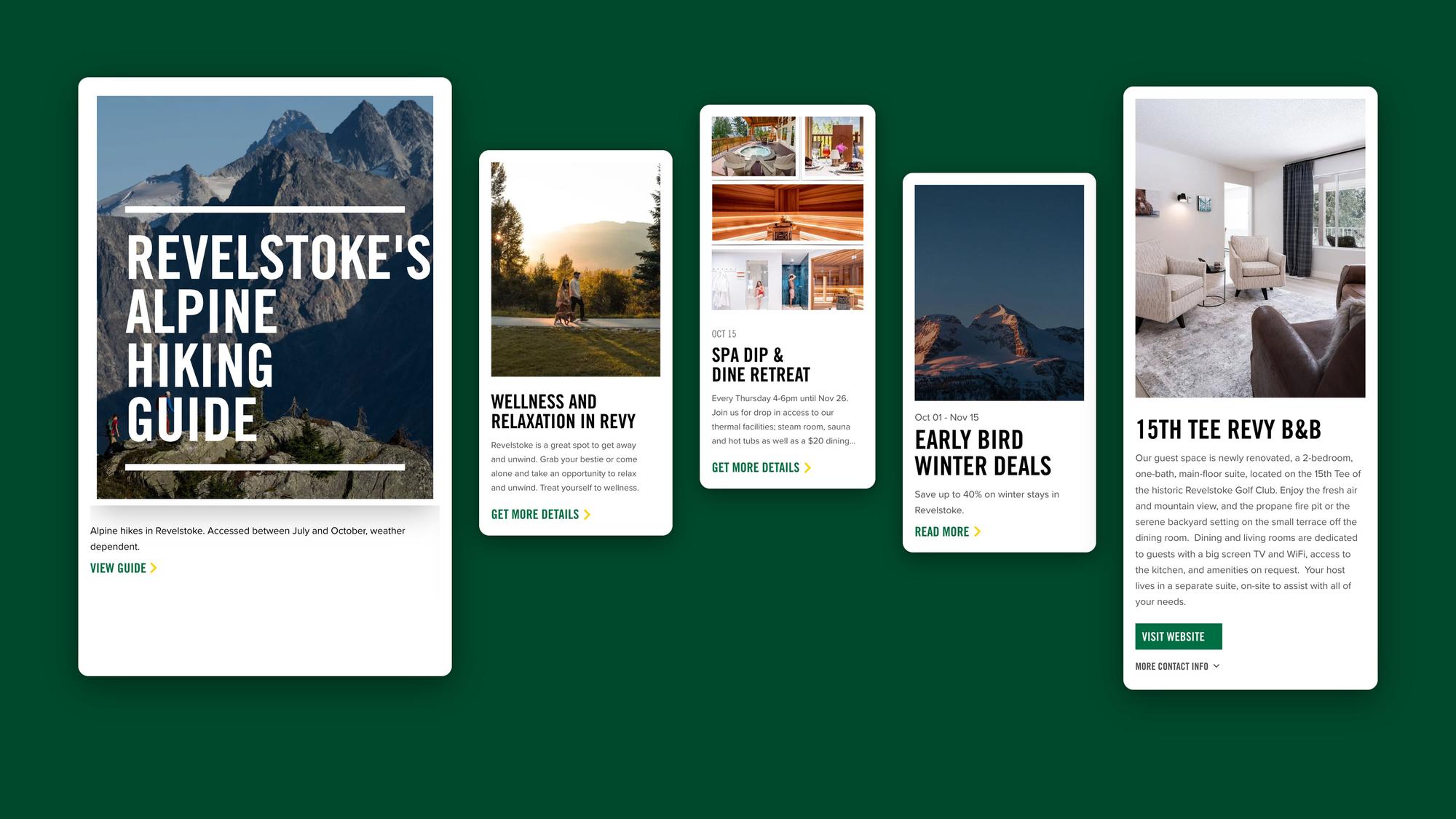 Cards from the site’s component library: a guide, an itinerary, an event, a travel offer and an accommodation listing