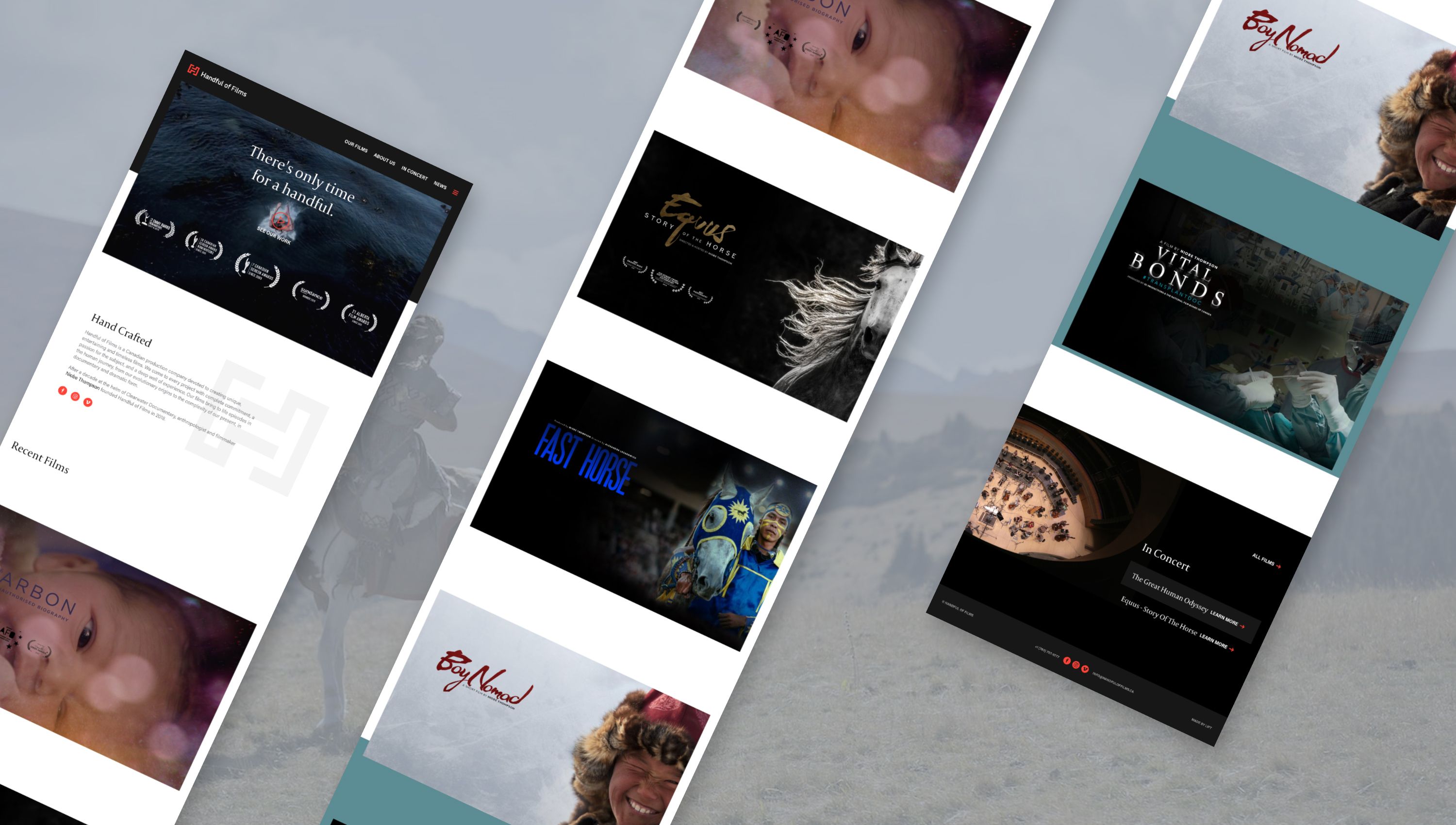 Film pages from the Handful of Films website, laid out at an angle