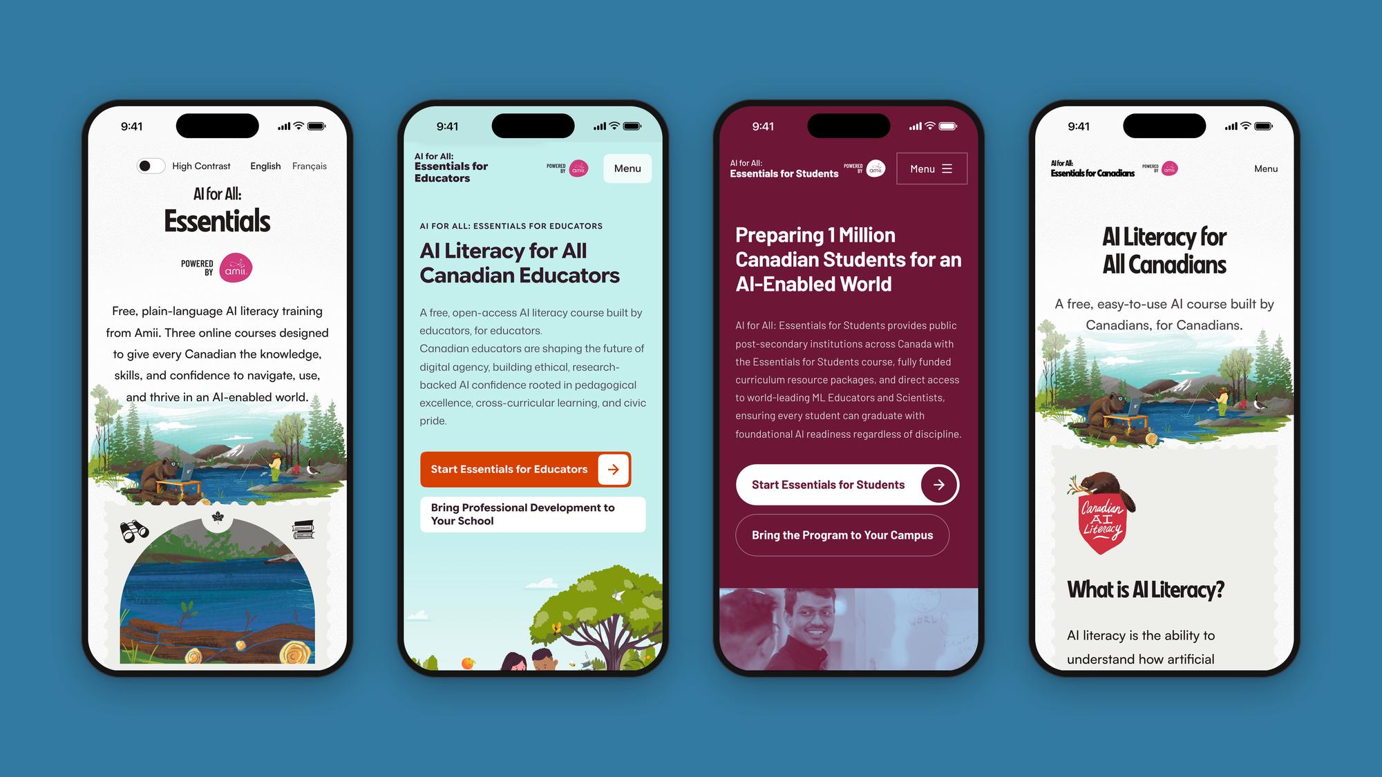 The four AI for All sites on phones: the Essentials hub, then the Educators, Students and Canadians homepages