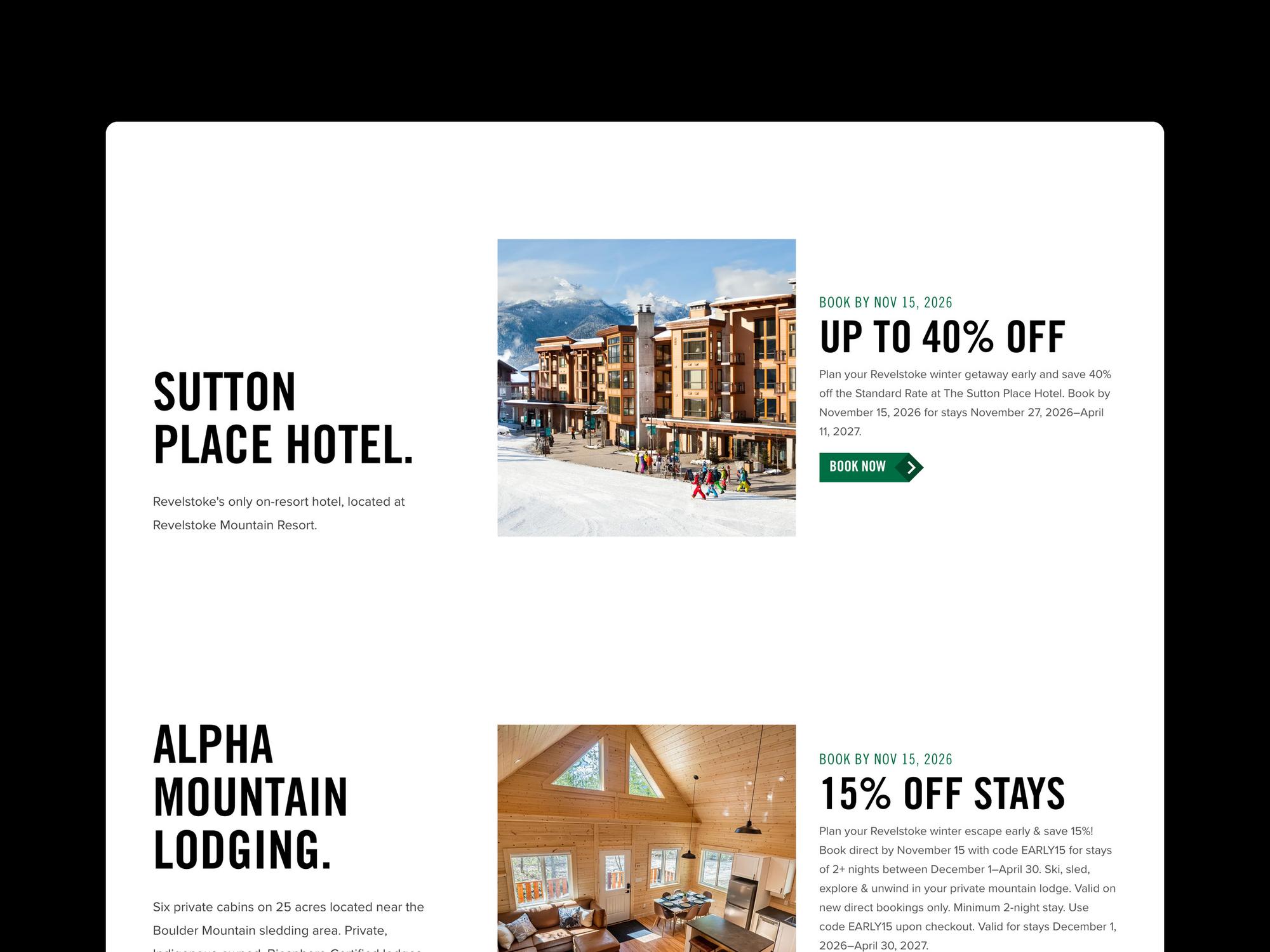 Early bird winter deals at the Sutton Place Hotel and Alpha Mountain Lodging, each with a Book now button