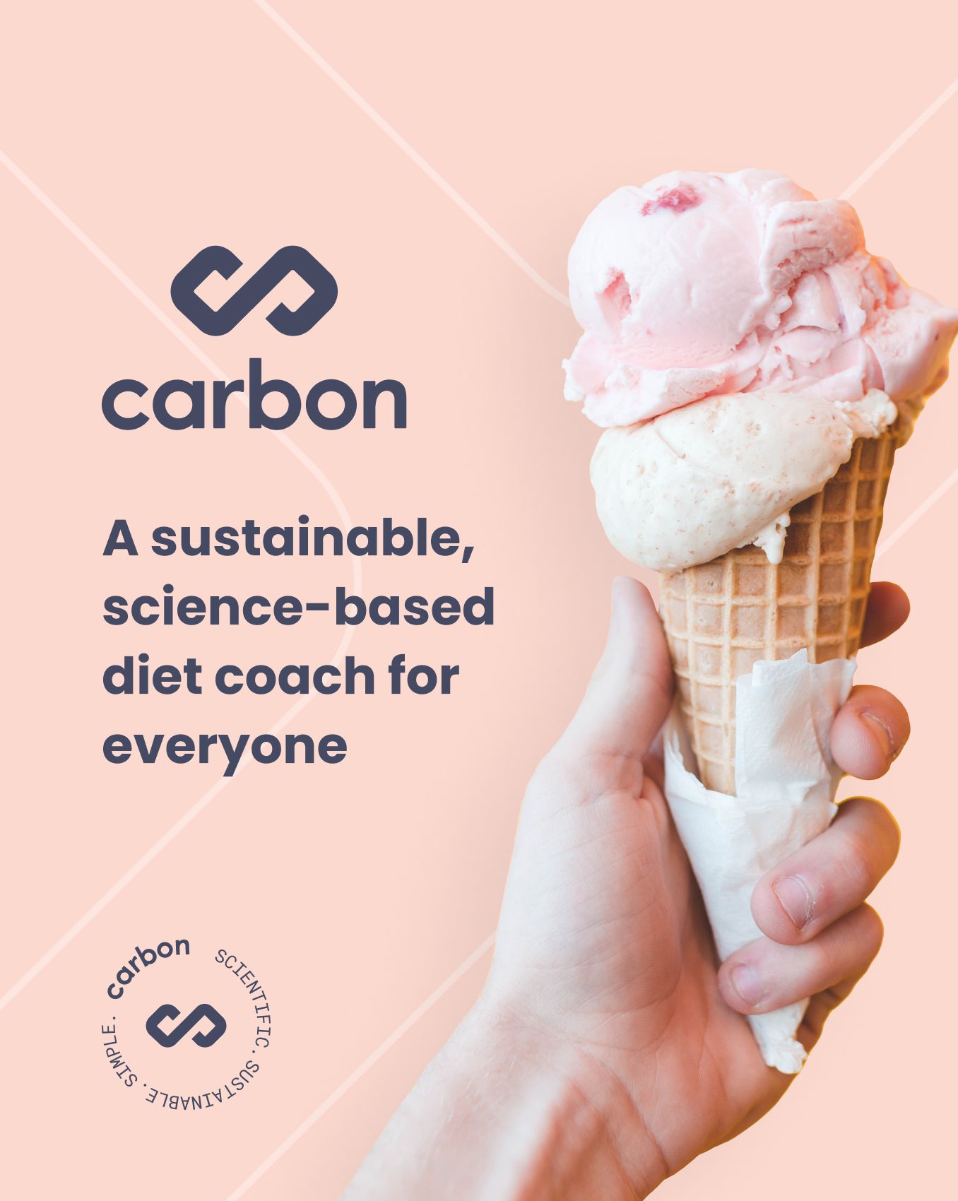 A Carbon ad: a hand holding an ice cream cone beside the line A sustainable, science-based diet coach for everyone