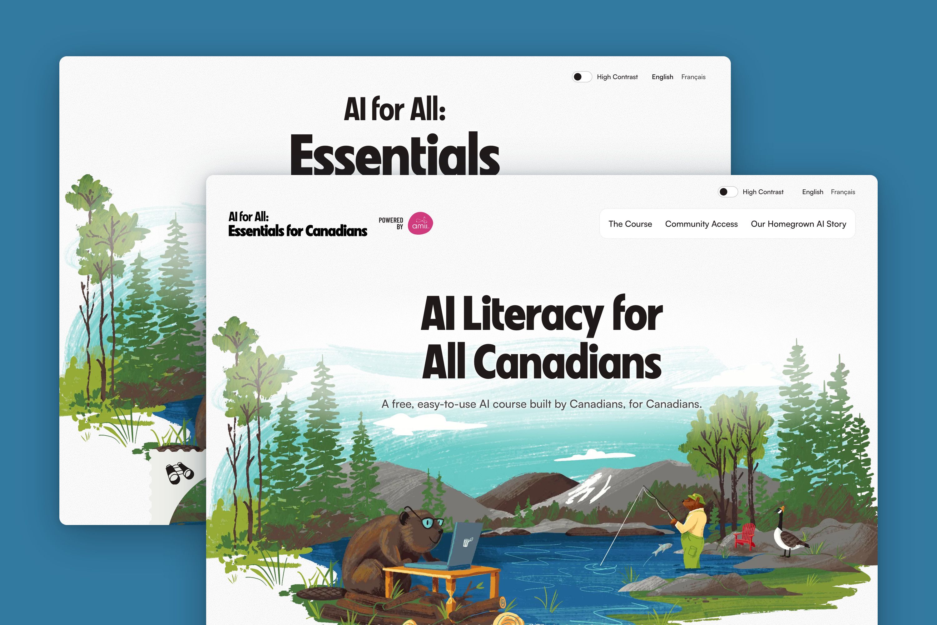 The Essentials hub behind the Essentials for Canadians homepage, both with Curio Studio’s lake illustration