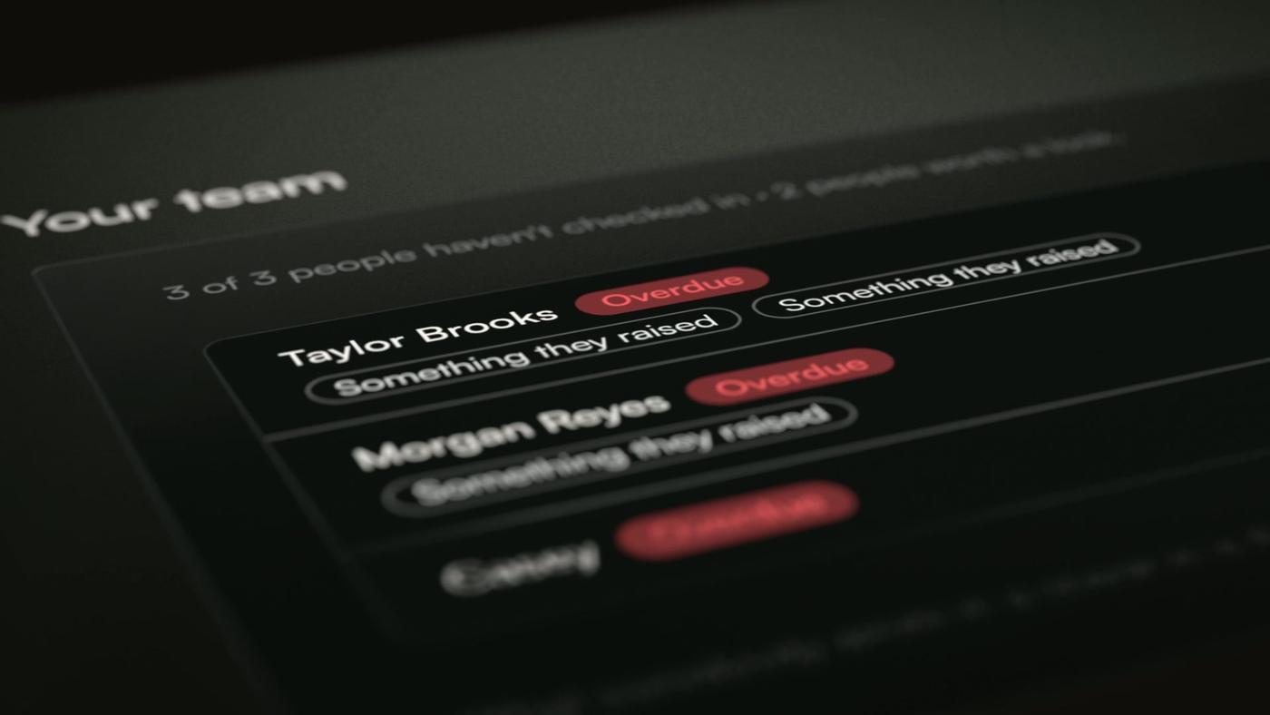 Axiom’s Your team view, with overdue check-ins flagged in red