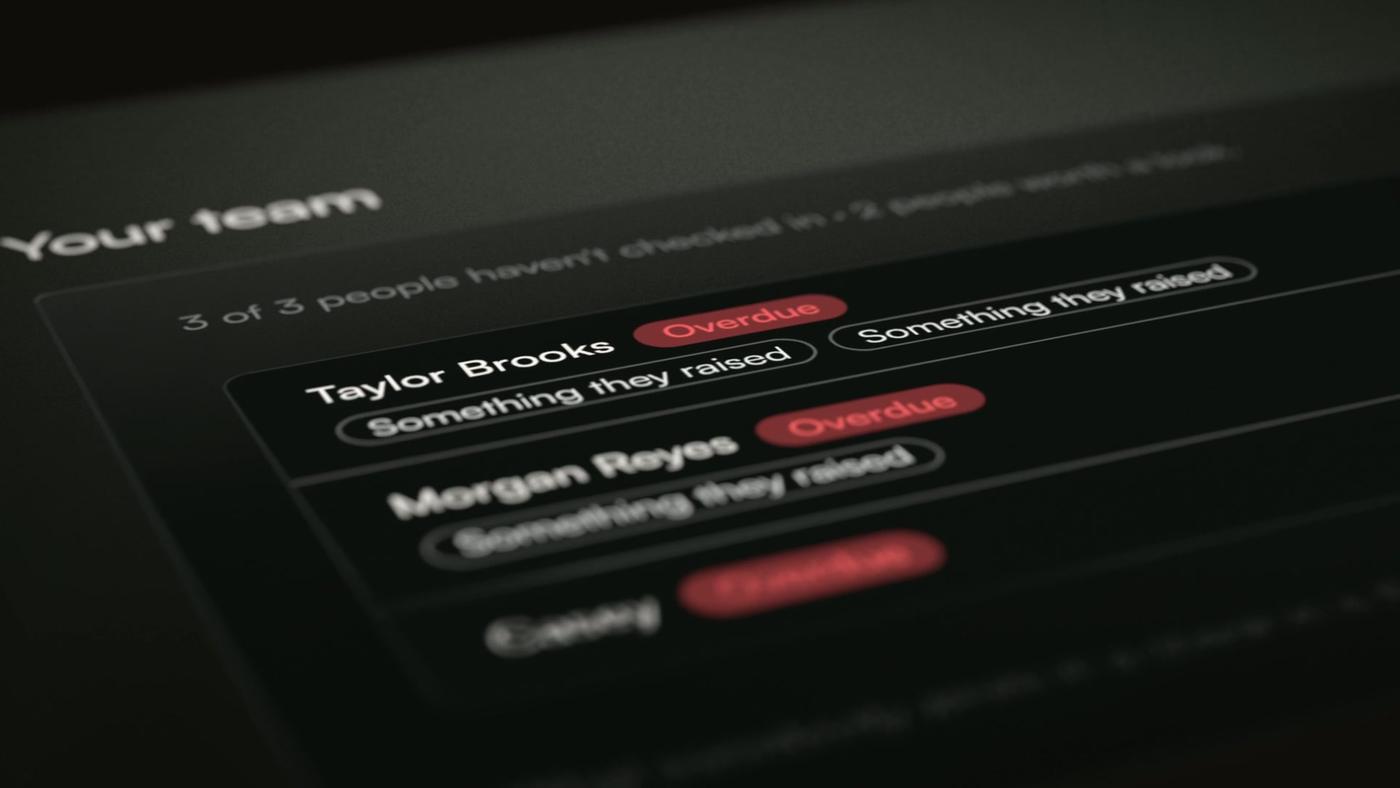 Axiom’s Your team view, with overdue check-ins flagged in red