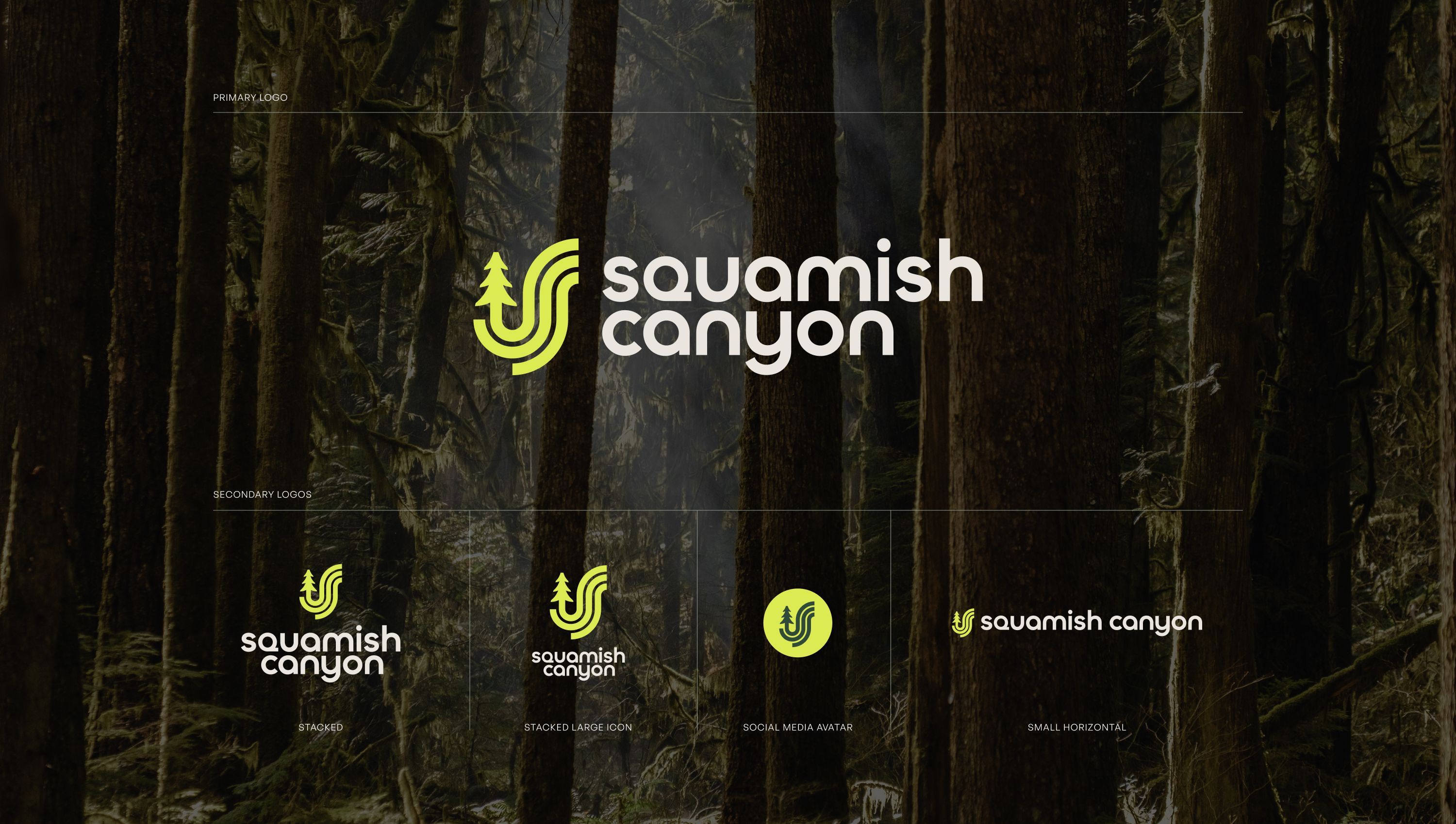 Squamish Canyon logo lockups over a dark rainforest